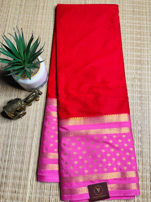Red and Pink Semi Mysore silk Crepe Saree with Bentex border