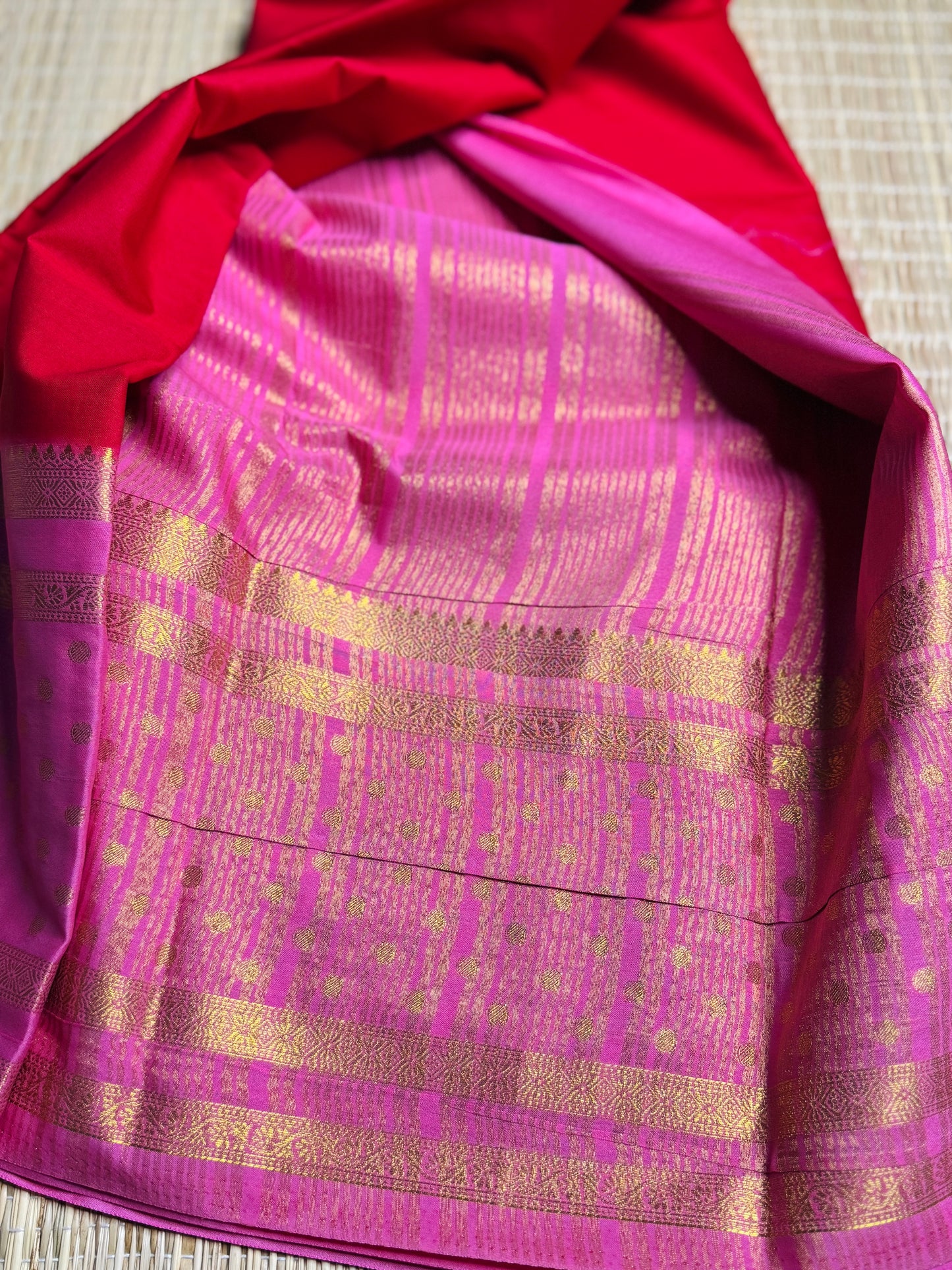 Red and Pink Semi Mysore silk Crepe Saree with Bentex border