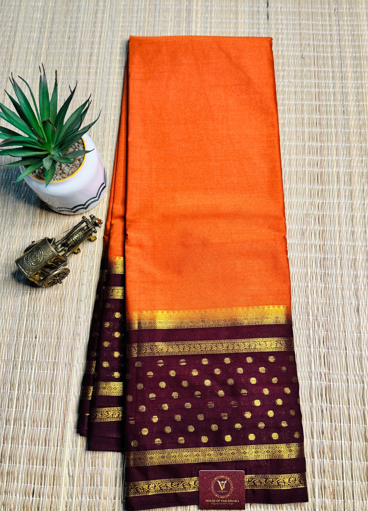 Rust orange and Brown Semi Mysore silk Crepe Saree with Bentex border