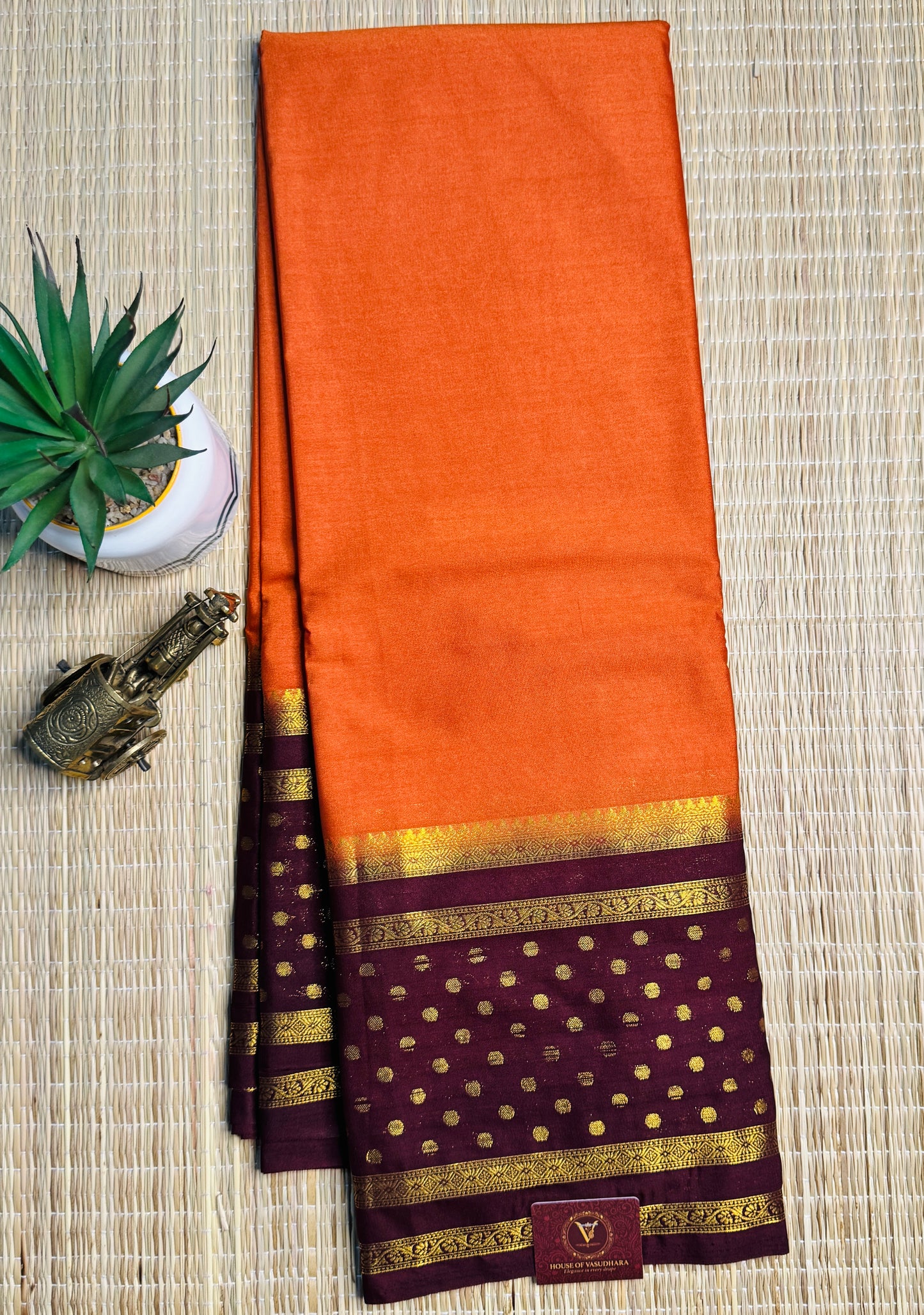 Rust orange and Brown Semi Mysore silk Crepe Saree with Bentex border
