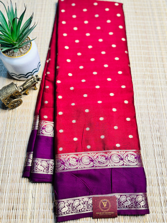 Wine Maroon and Purple Semi Mysore silk Crepe Saree with Bentex border