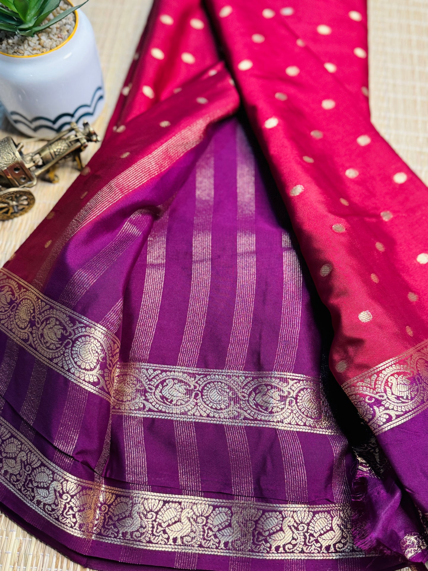 Wine Maroon and Purple Semi Mysore silk Crepe Saree with Bentex border