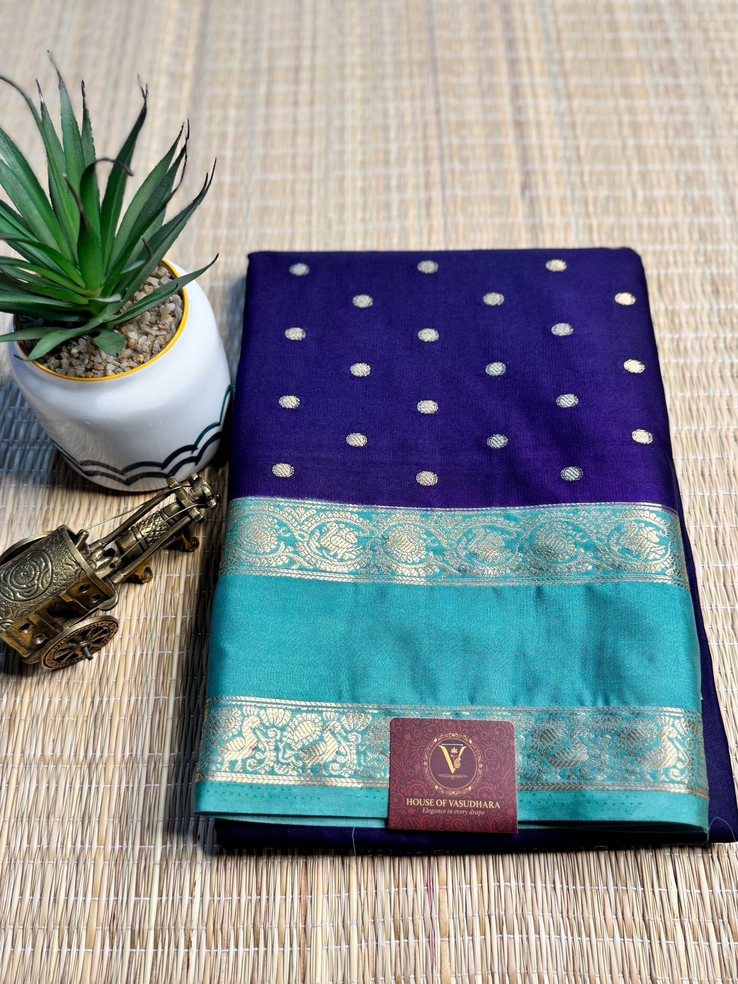 Royal Blue and Teal blue Semi Mysore silk Crepe Saree with Bentex border