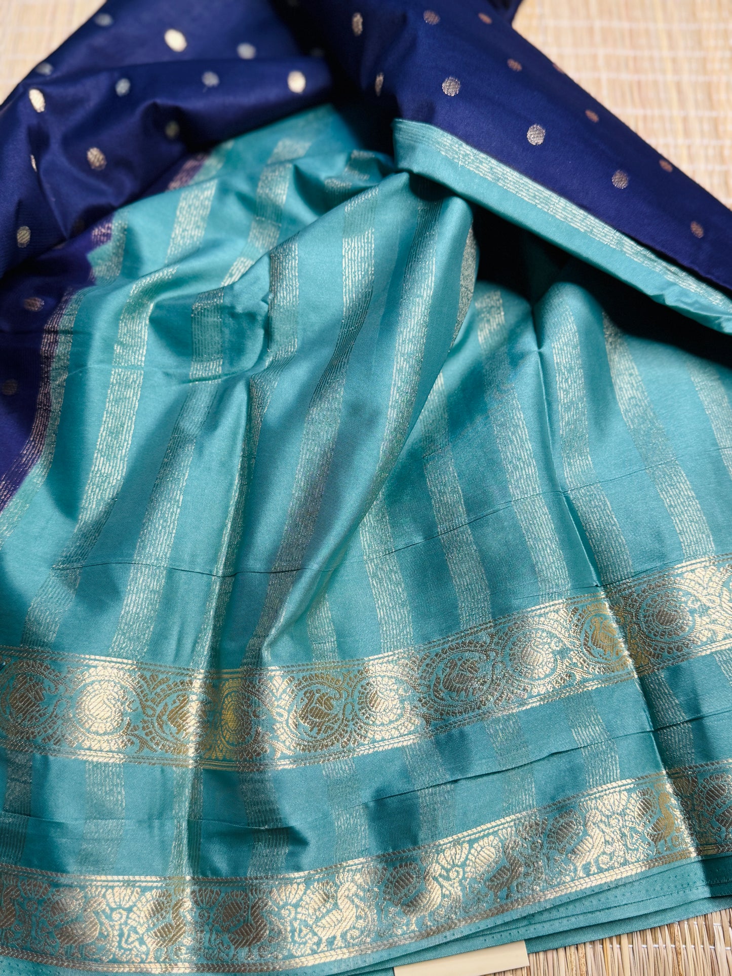 Royal Blue and Teal blue Semi Mysore silk Crepe Saree with Bentex border
