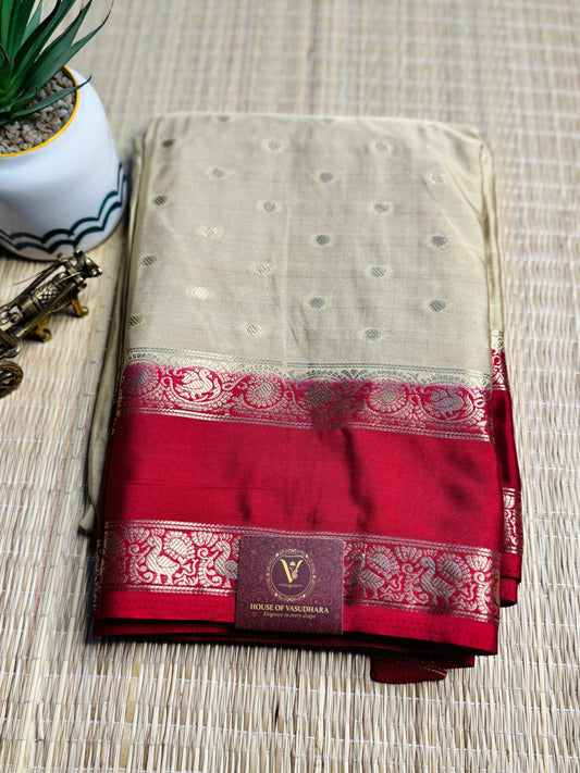 Beige and Red Semi Mysore silk Crepe Saree with Bentex border