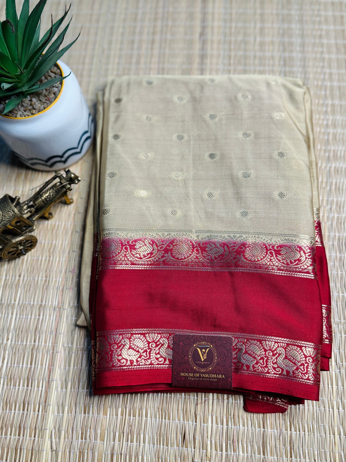 Beige and Red Semi Mysore silk Crepe Saree with Bentex border