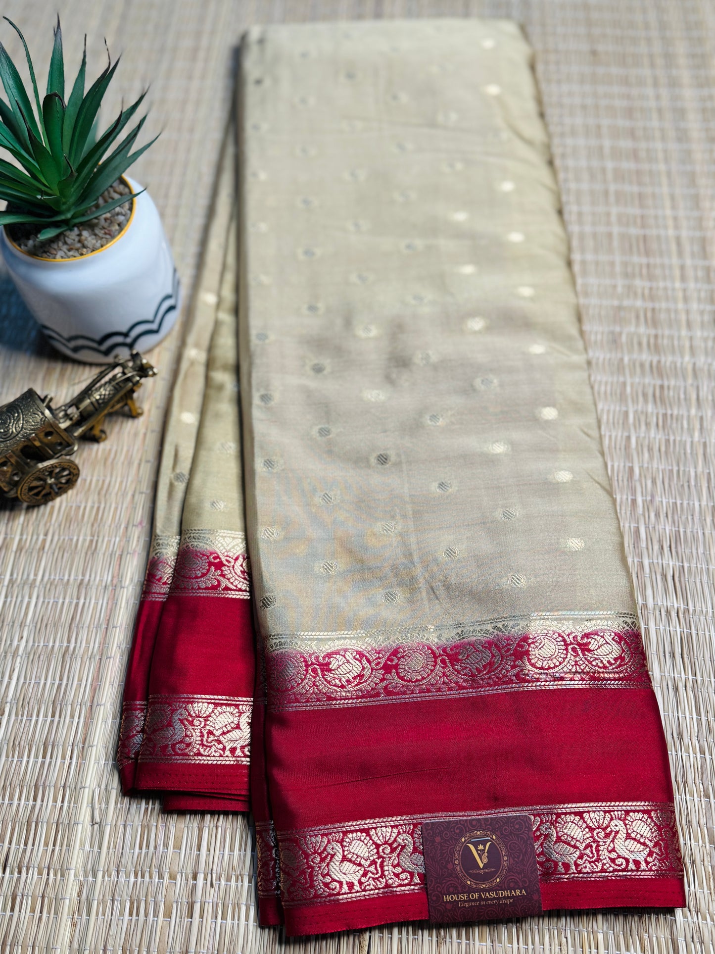 Beige and Red Semi Mysore silk Crepe Saree with Bentex border