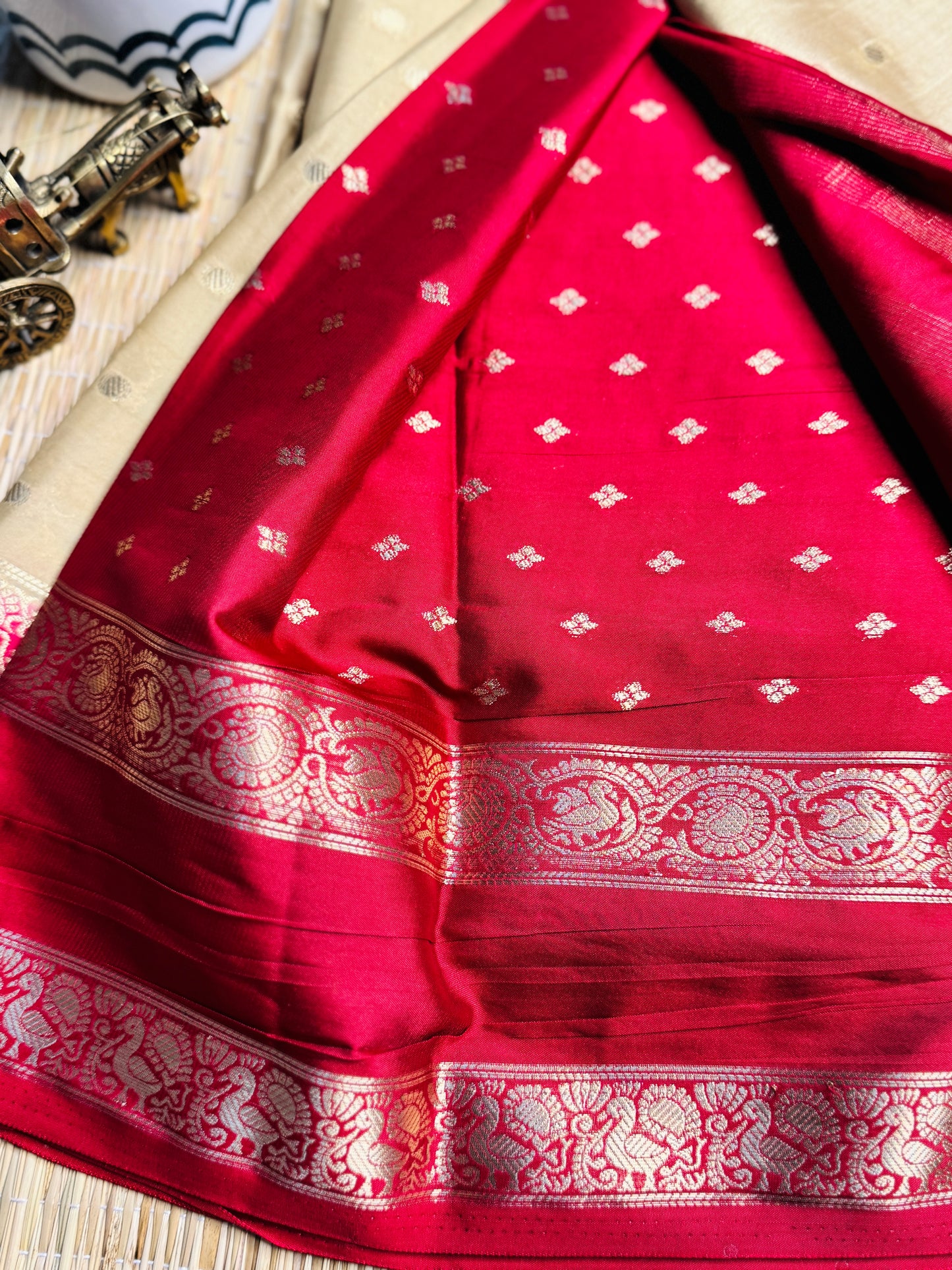 Beige and Red Semi Mysore silk Crepe Saree with Bentex border