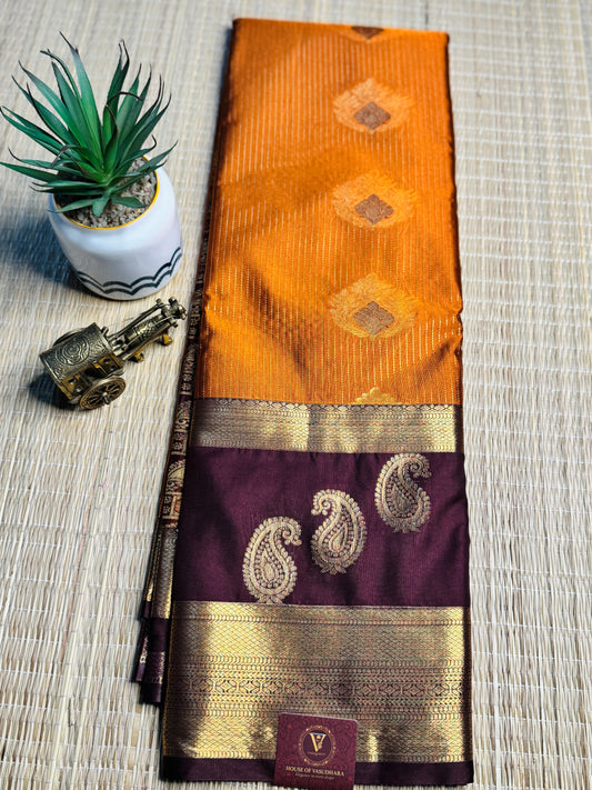 Rust orange and Brown semi Kanchi silk with stripes and Mango border