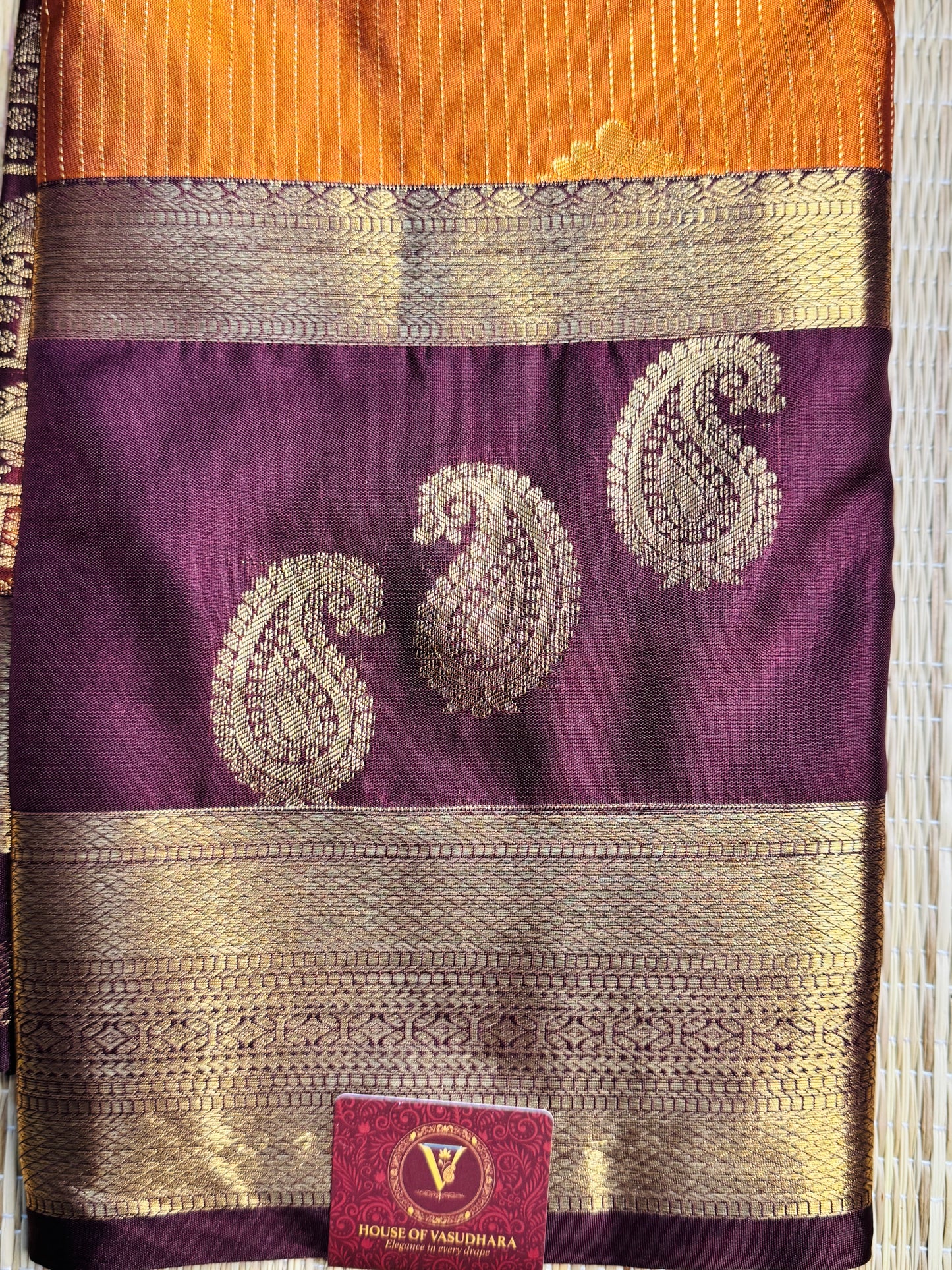 Rust orange and Brown semi Kanchi silk with stripes and Mango border