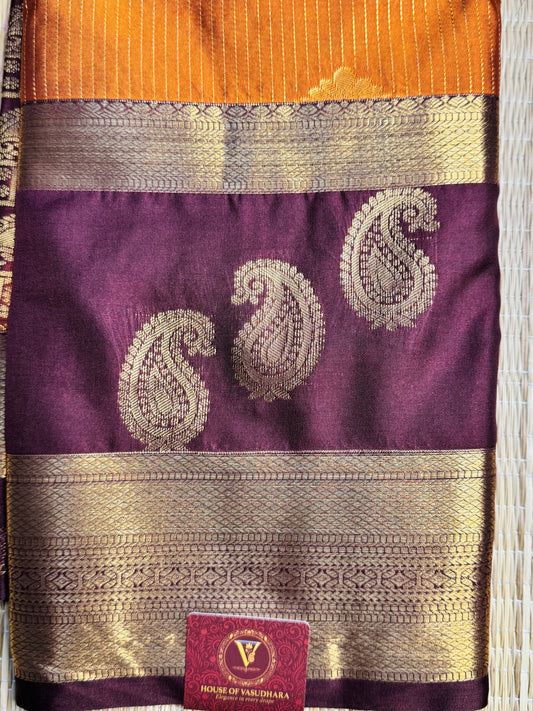 Rust orange and Brown semi Kanchi silk with stripes and Mango border