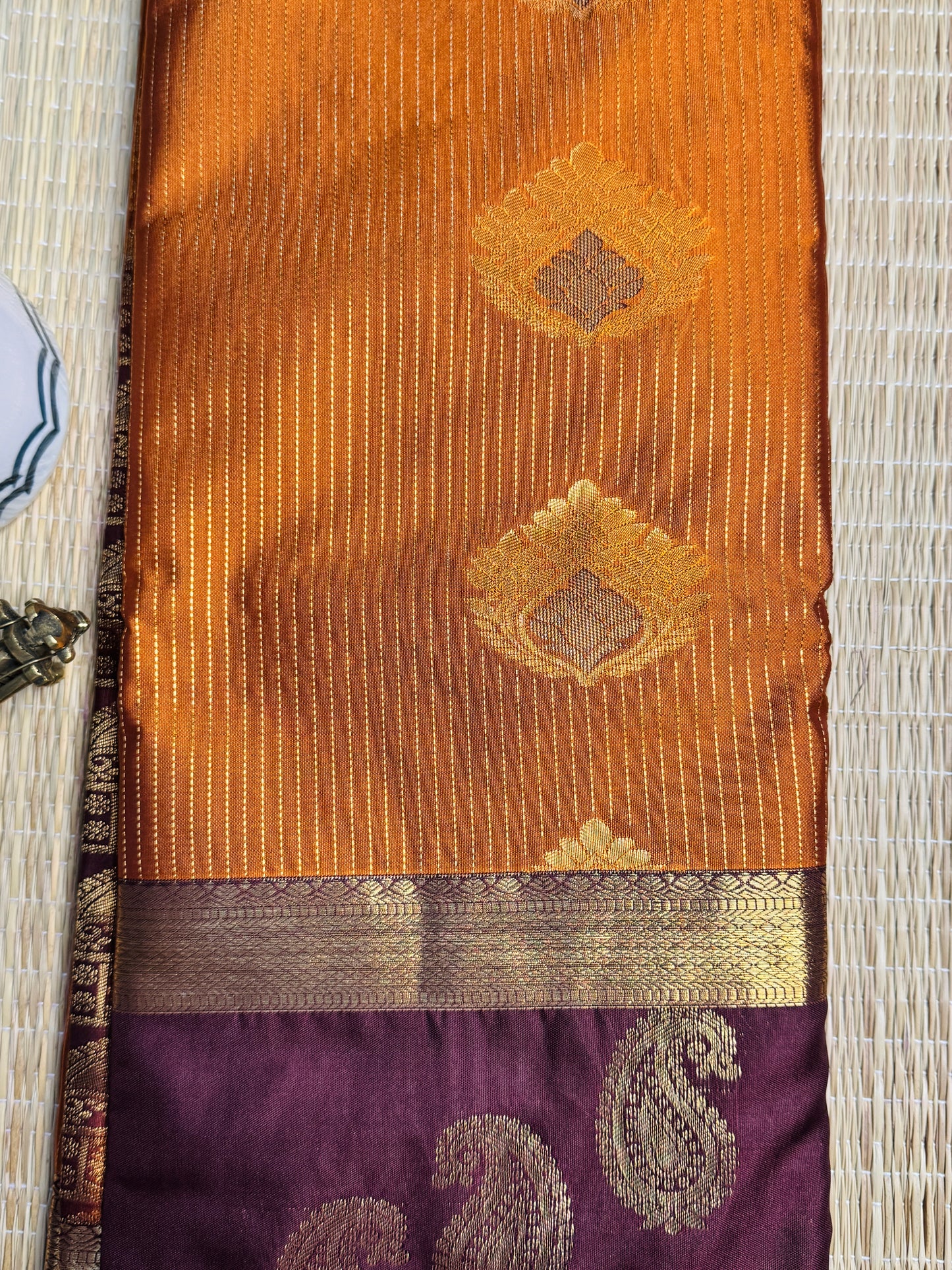 Rust orange and Brown semi Kanchi silk with stripes and Mango border