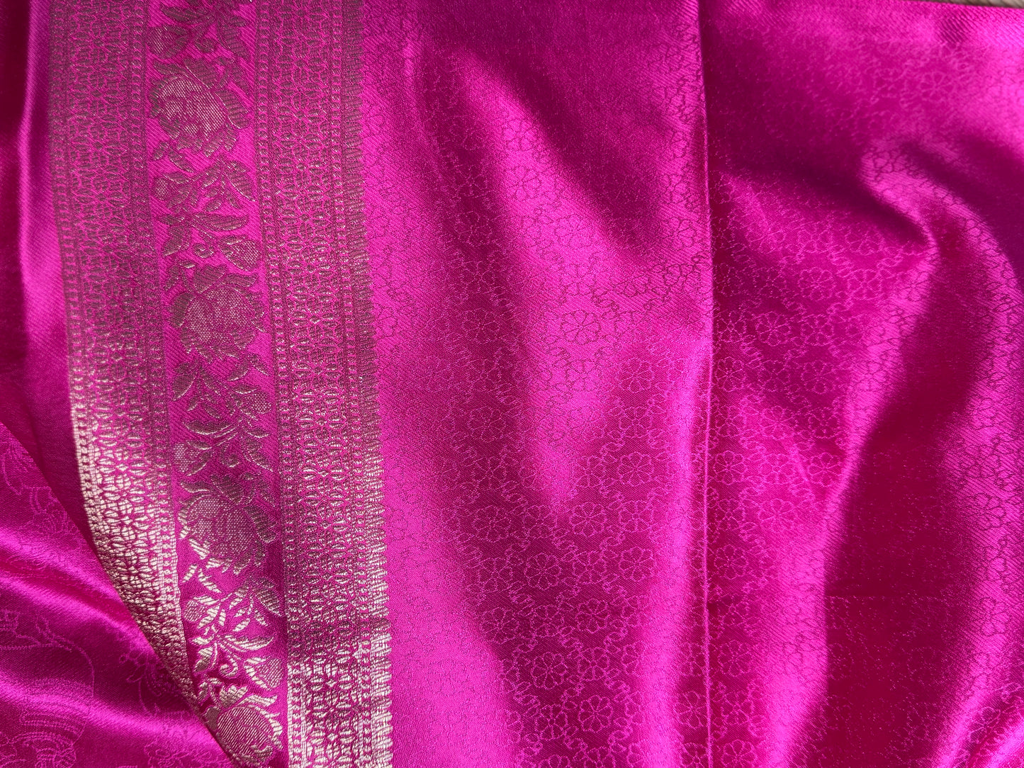 Rani Pink Satin silk saree with elephant motifs
