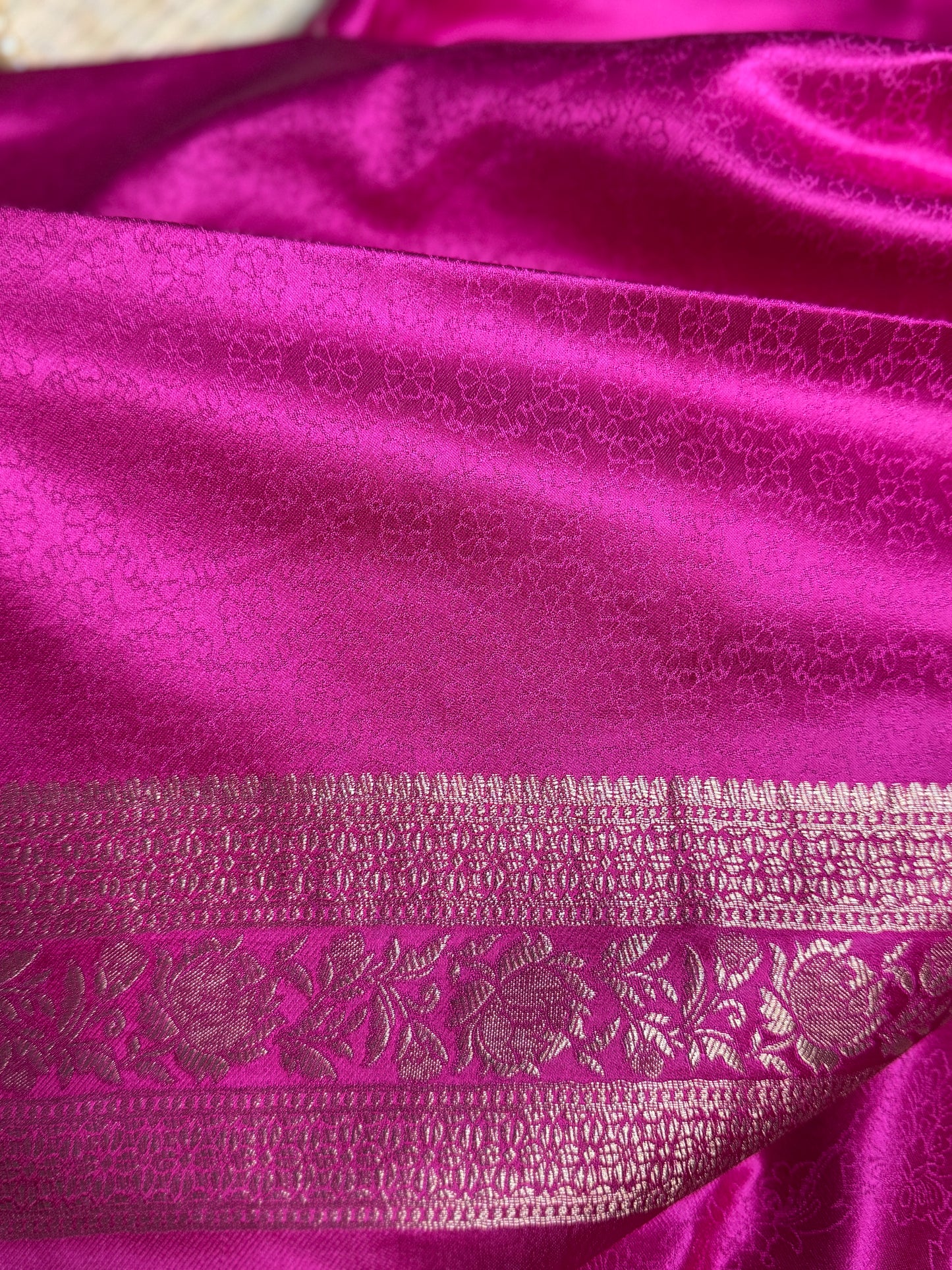 Rani Pink Satin silk saree with elephant motifs