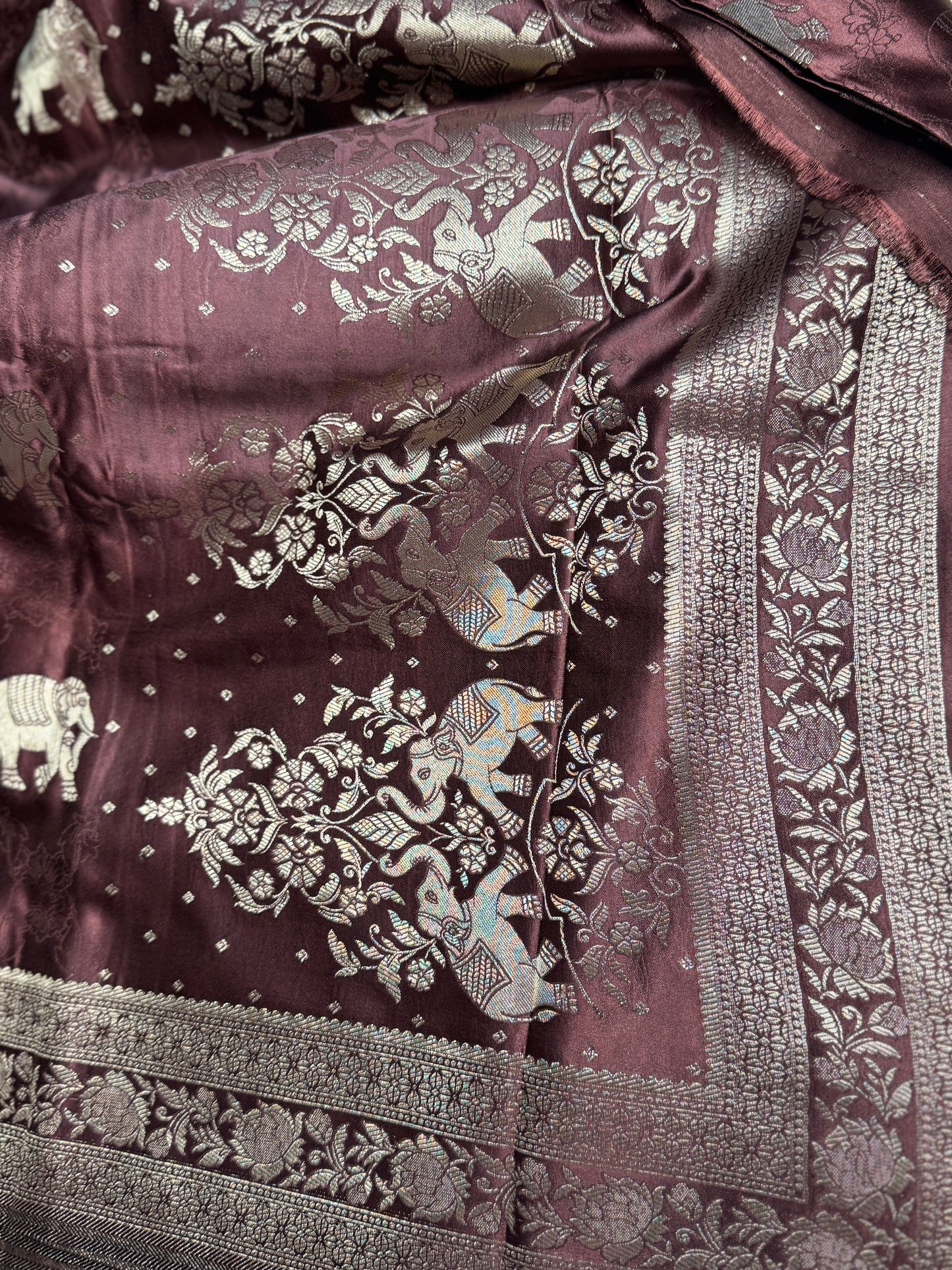 Brown Satin silk saree with elephant motifs
