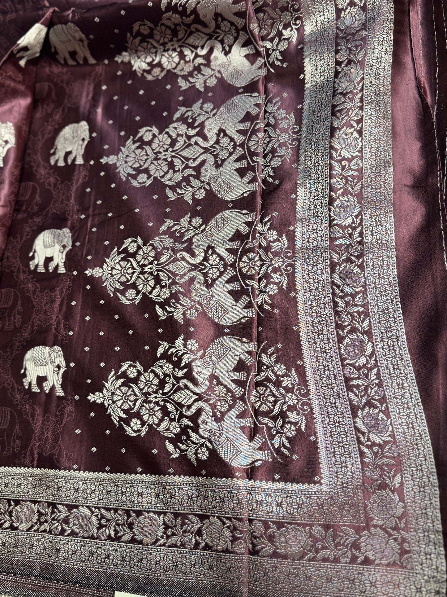 Brown Satin silk saree with elephant motifs