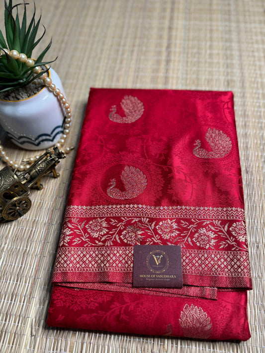 Red Satin silk saree with Peacock motifs