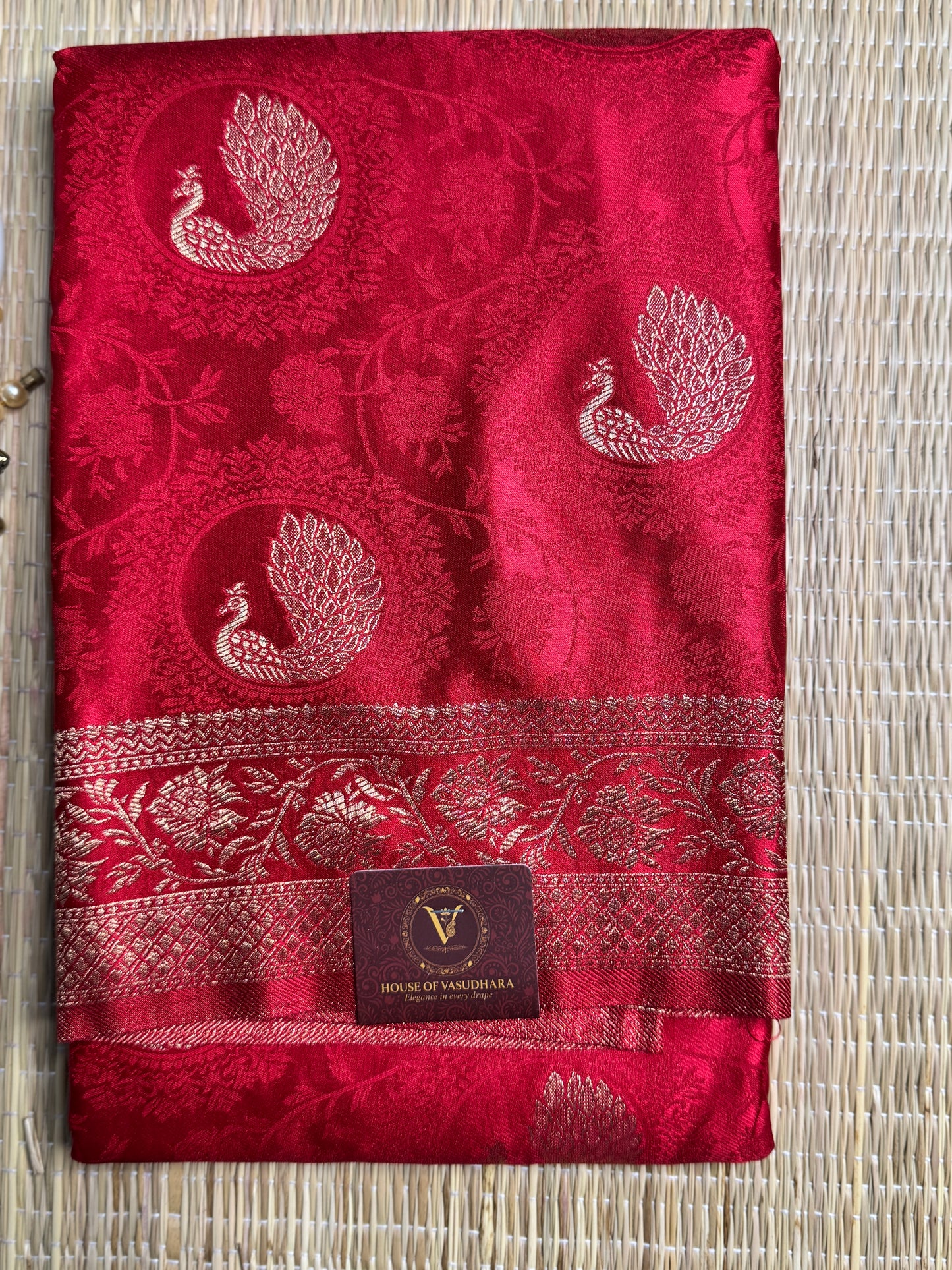 Red Satin silk saree with Peacock motifs