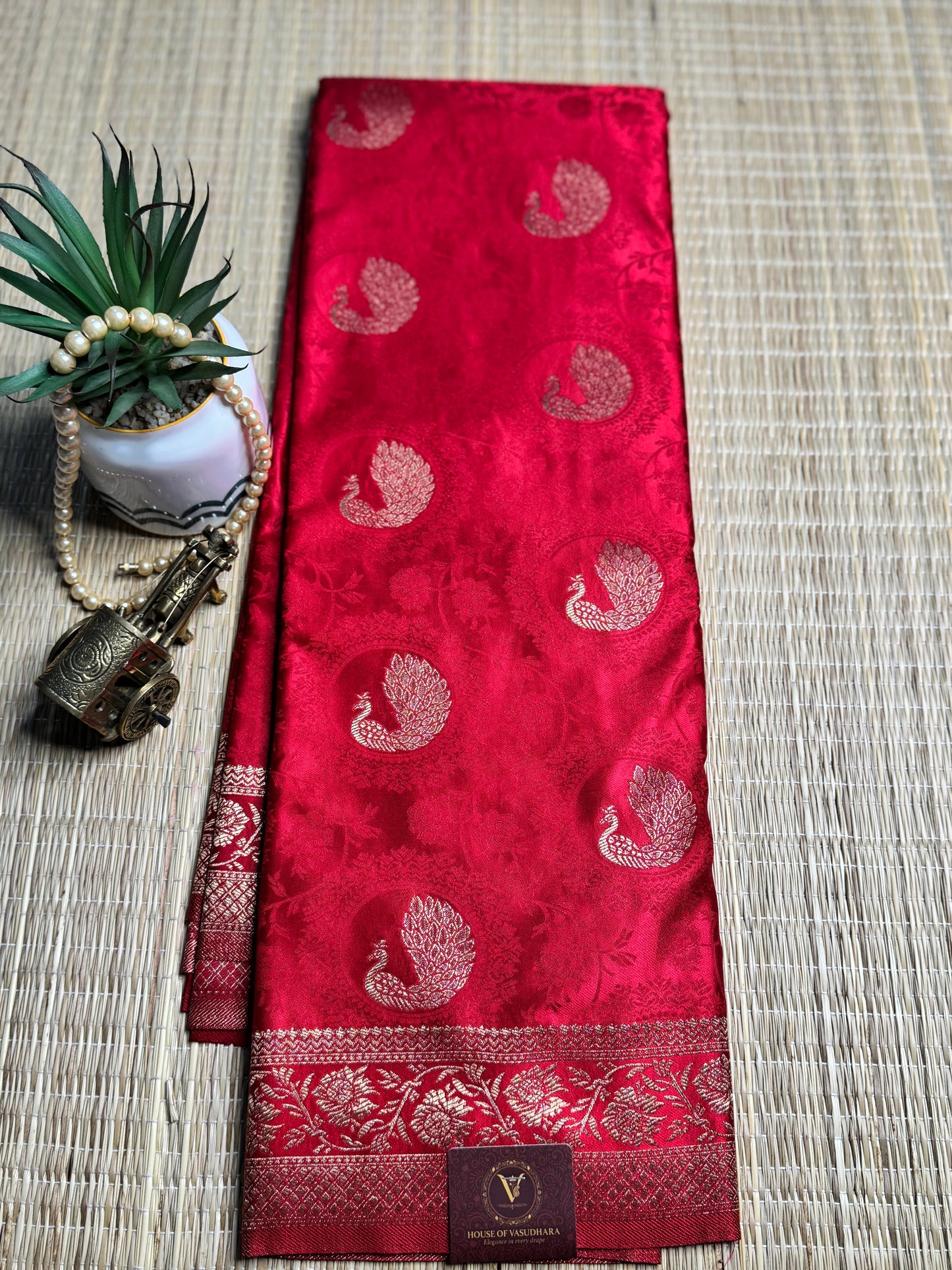 Red Satin silk saree with Peacock motifs