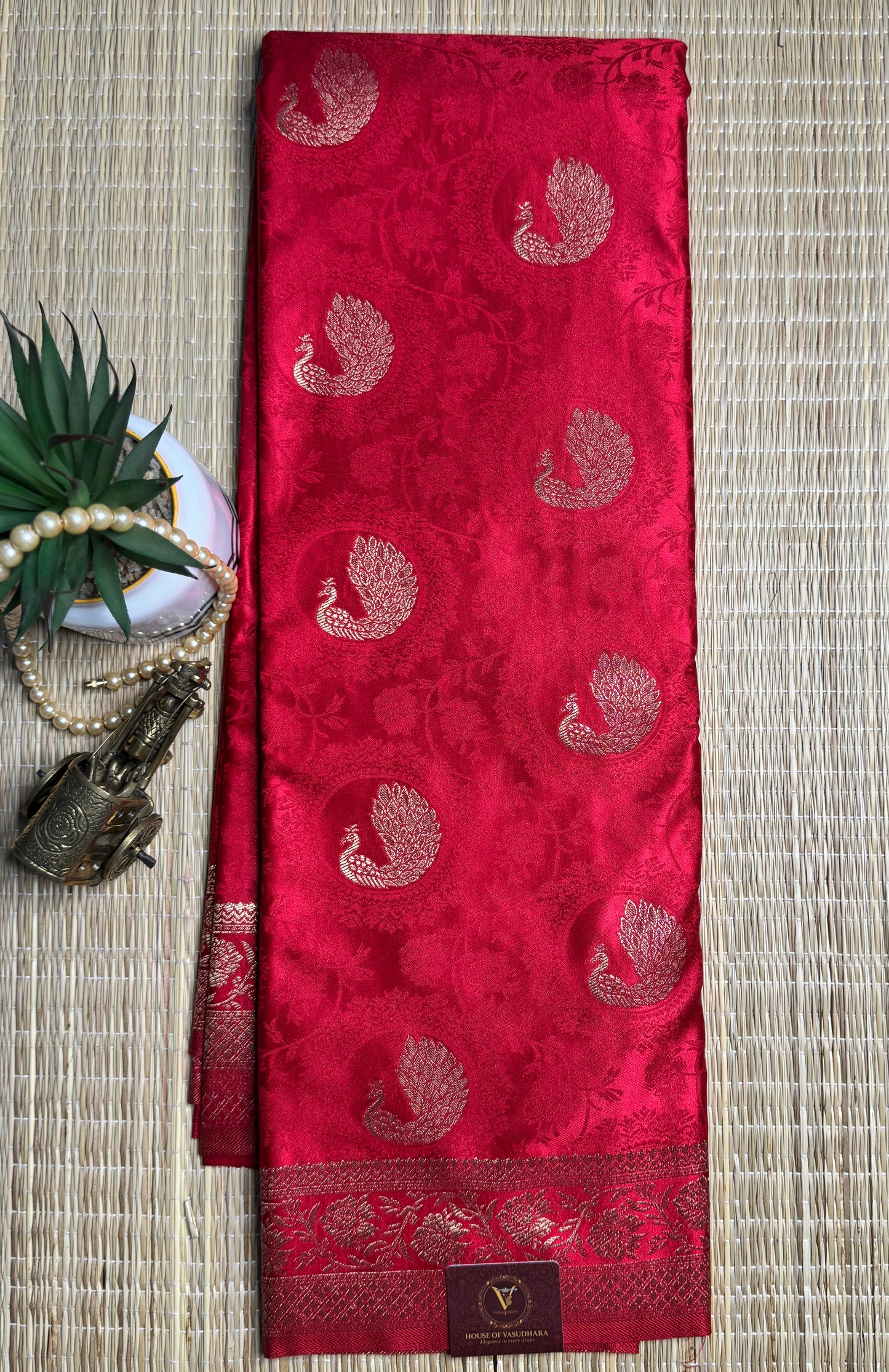 Red Satin silk saree with Peacock motifs