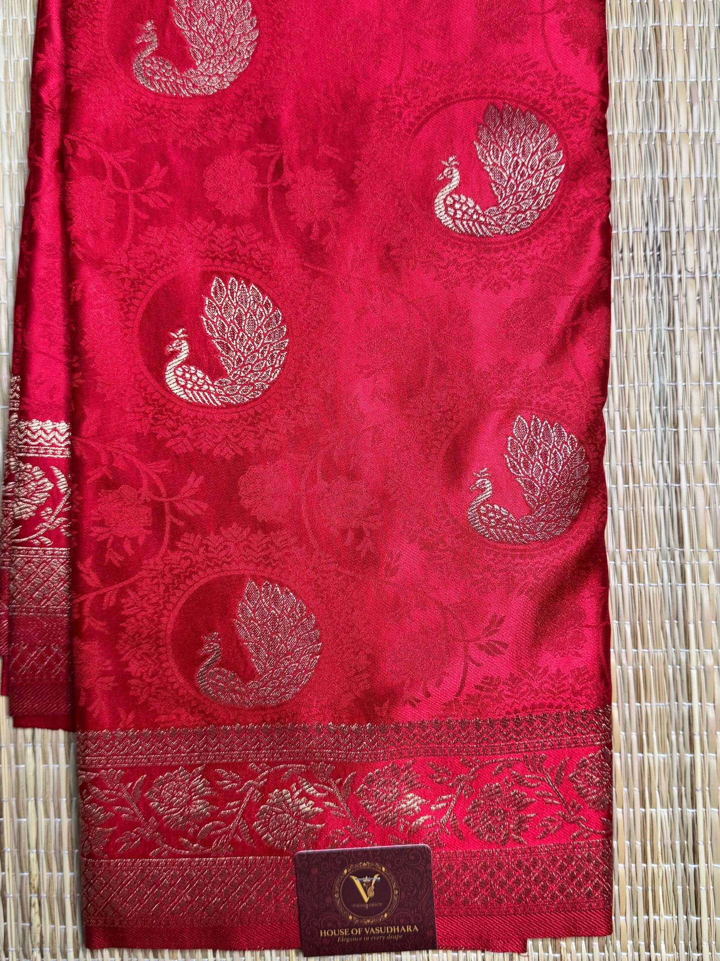 Red Satin silk saree with Peacock motifs