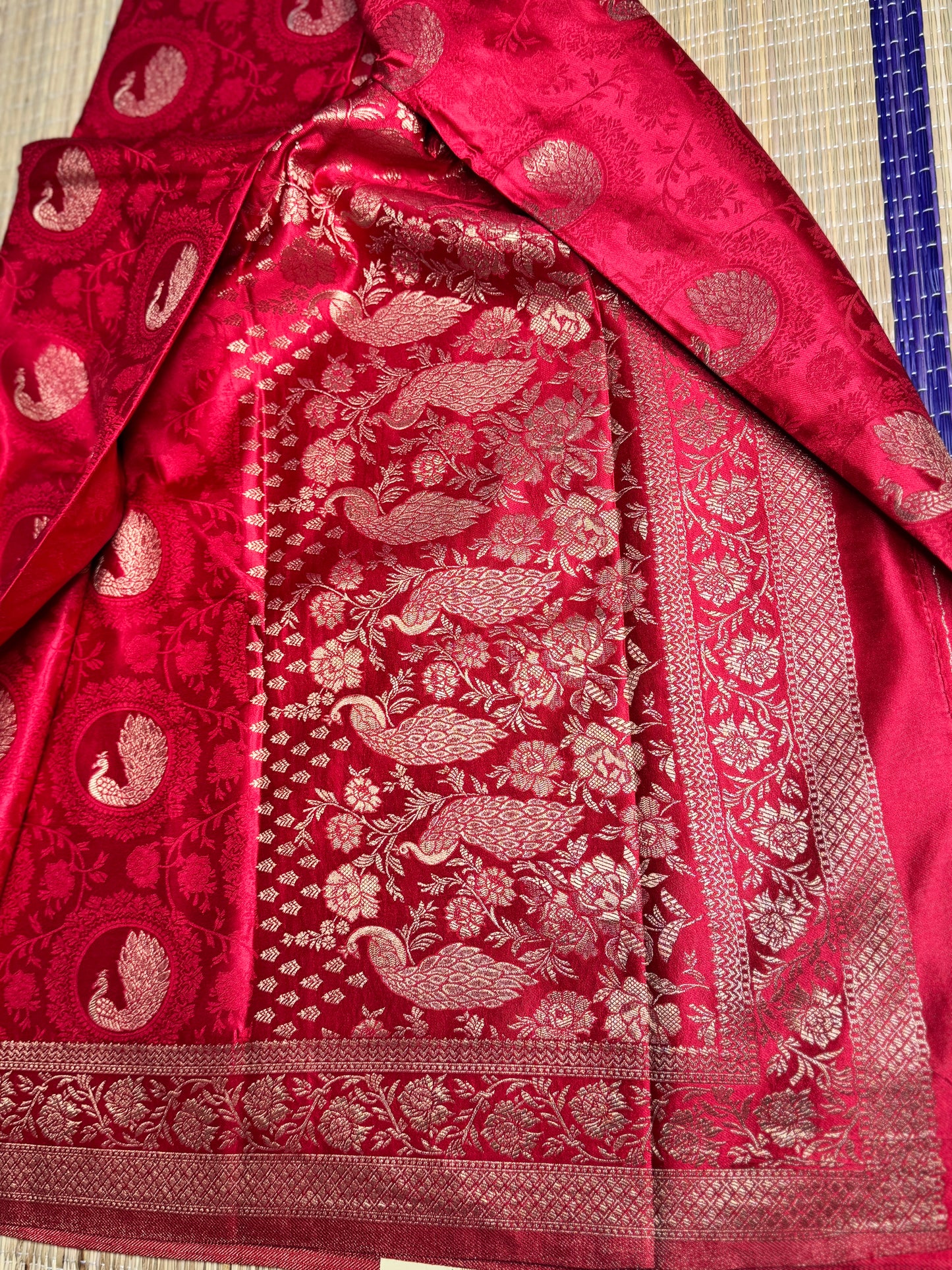 Red Satin silk saree with Peacock motifs