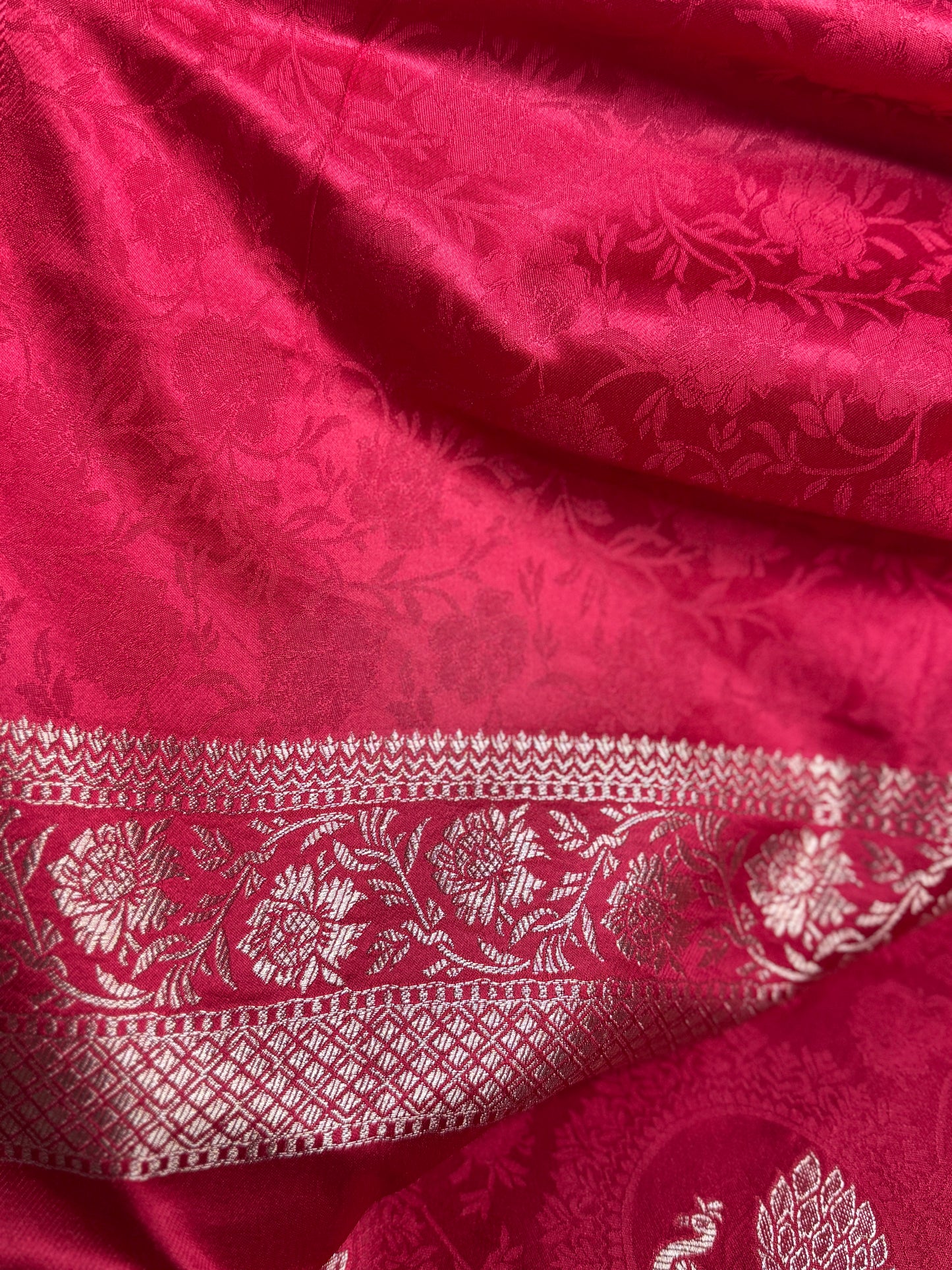 Red Satin silk saree with Peacock motifs
