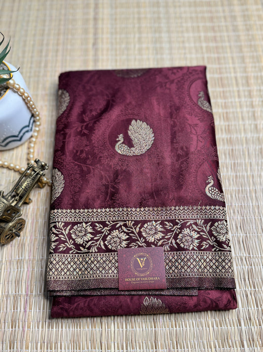 Brown Satin silk saree with Peacock motifs