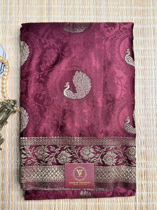 Brown Satin silk saree with Peacock motifs