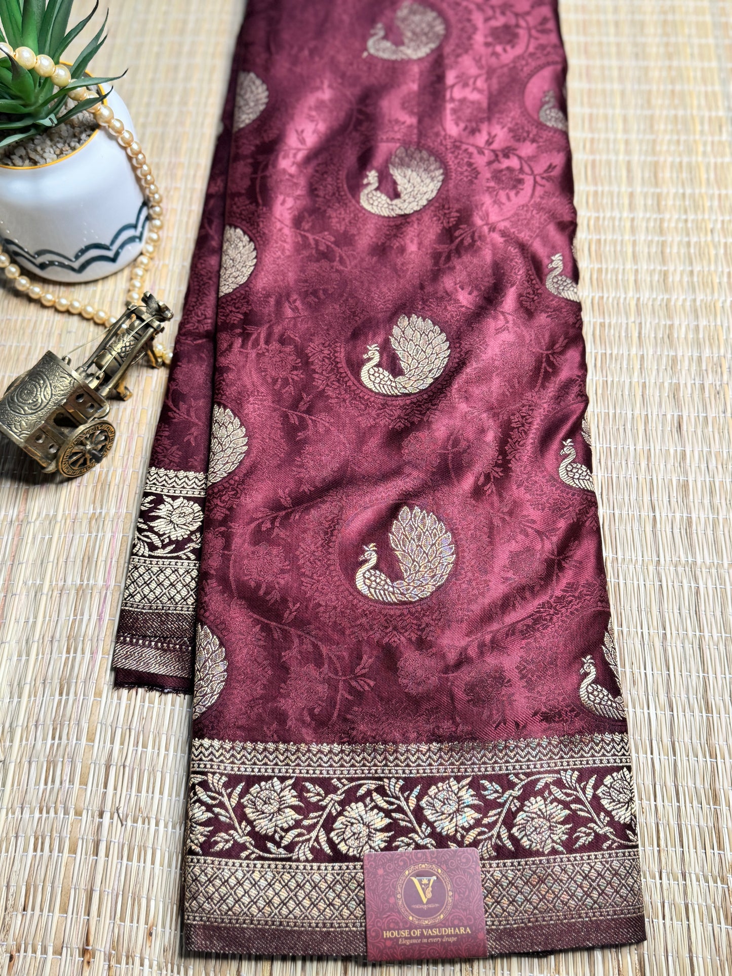 Brown Satin silk saree with Peacock motifs