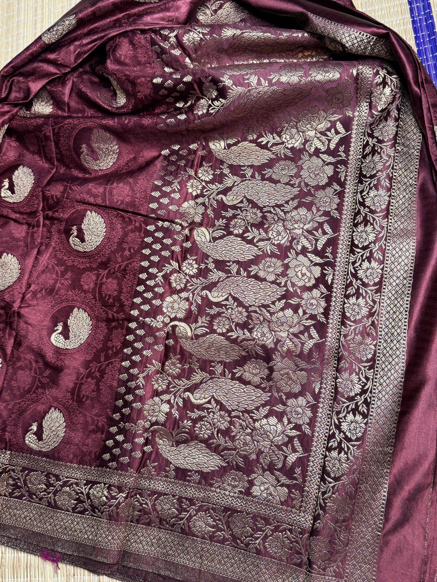 Brown Satin silk saree with Peacock motifs