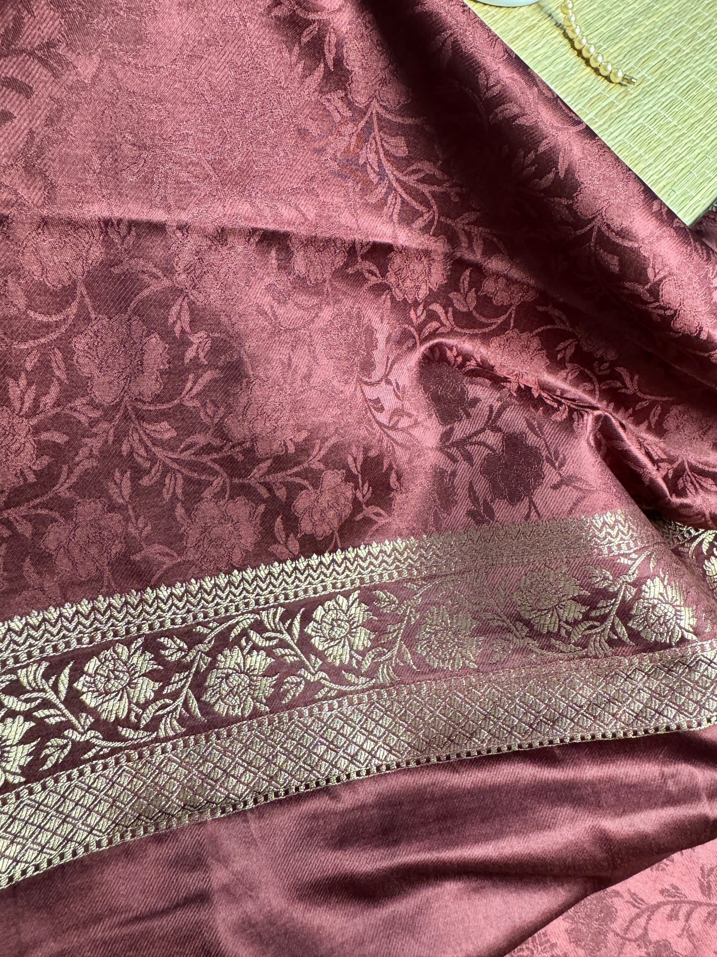 Brown Satin silk saree with Peacock motifs