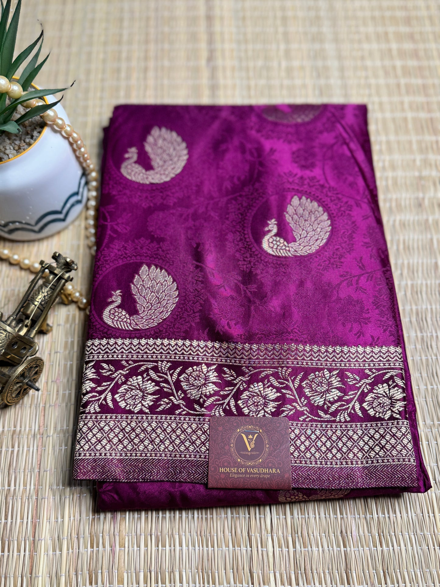 Magenta Satin silk saree with Peacock motifs