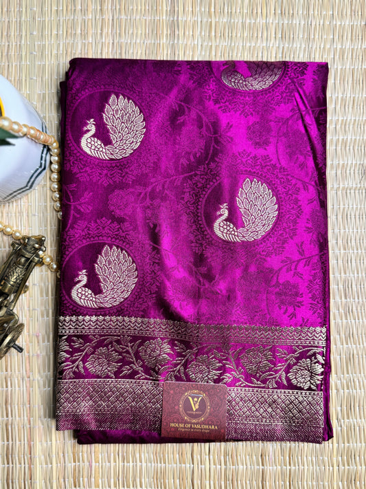 Magenta Satin silk saree with Peacock motifs