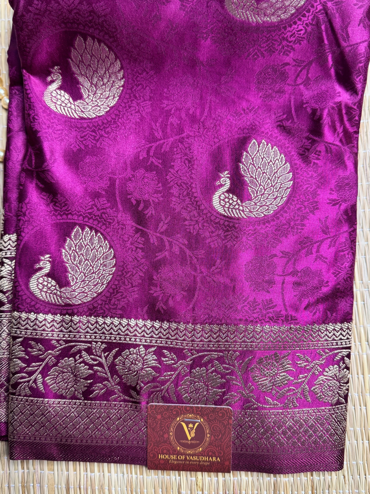 Magenta Satin silk saree with Peacock motifs
