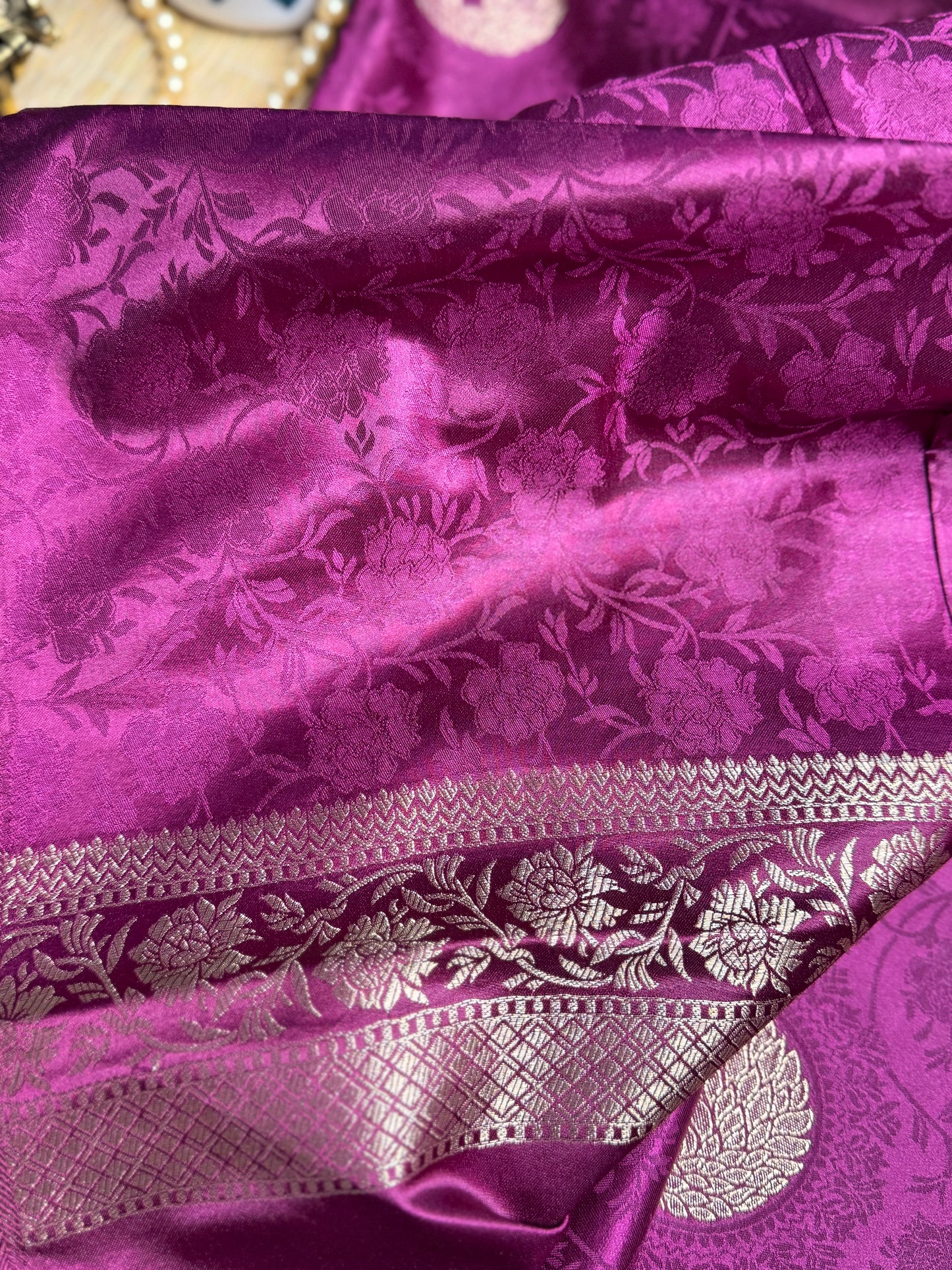 Magenta Satin silk saree with Peacock motifs