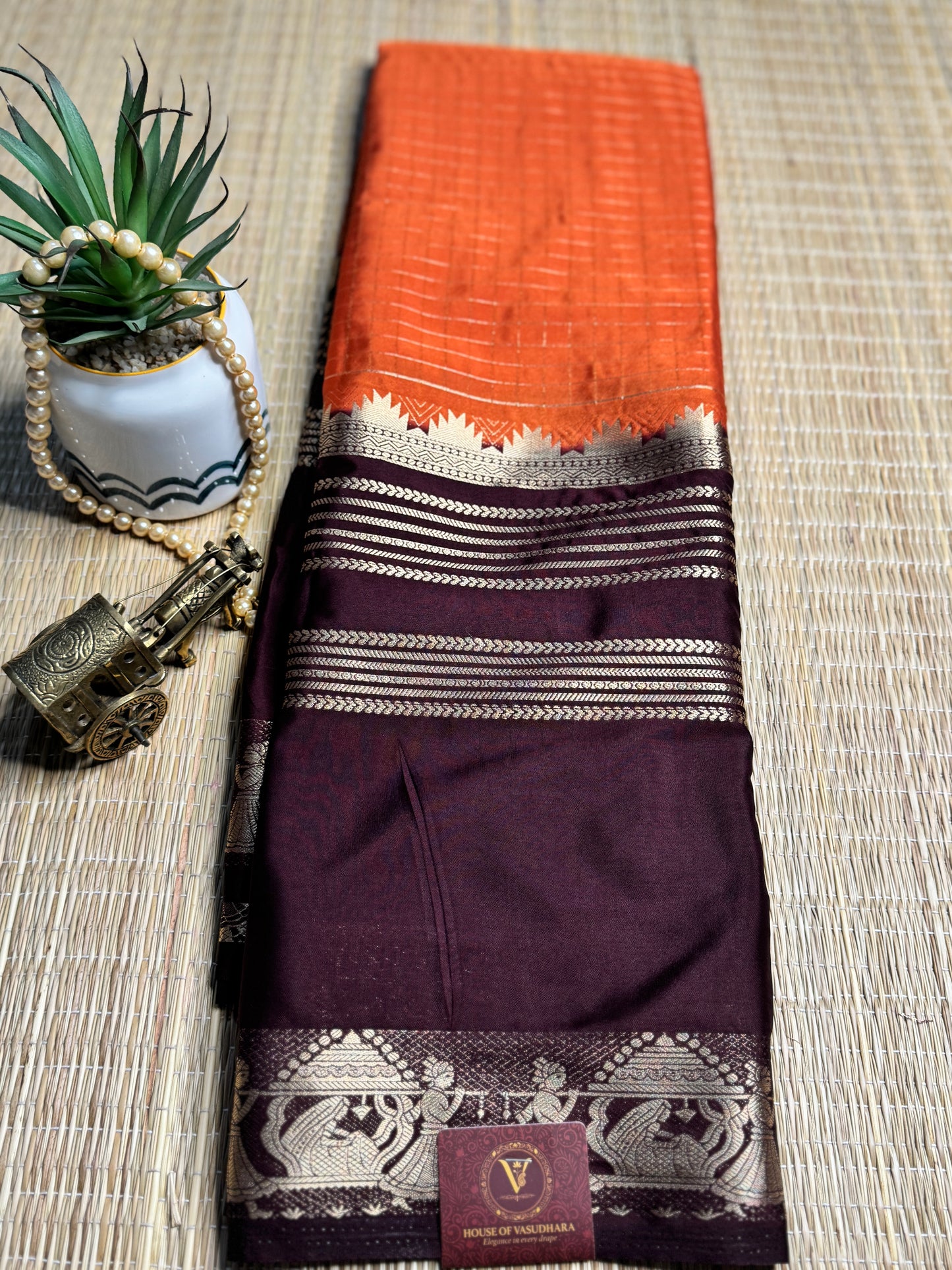 Rust Orange and Brown Semi Mysore silk Crepe saree with checks and Big Border
