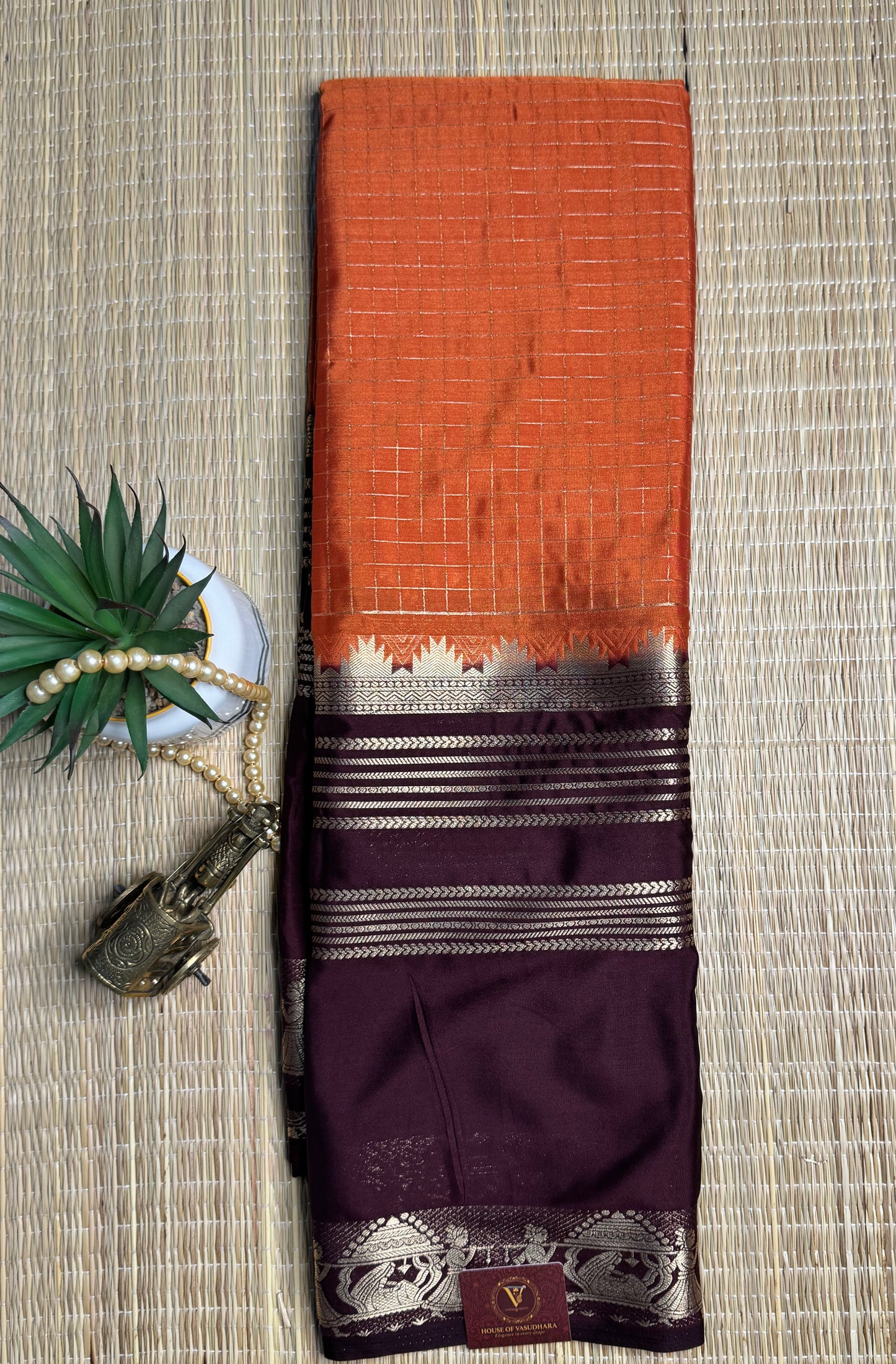 Rust Orange and Brown Semi Mysore silk Crepe saree with checks and Big Border