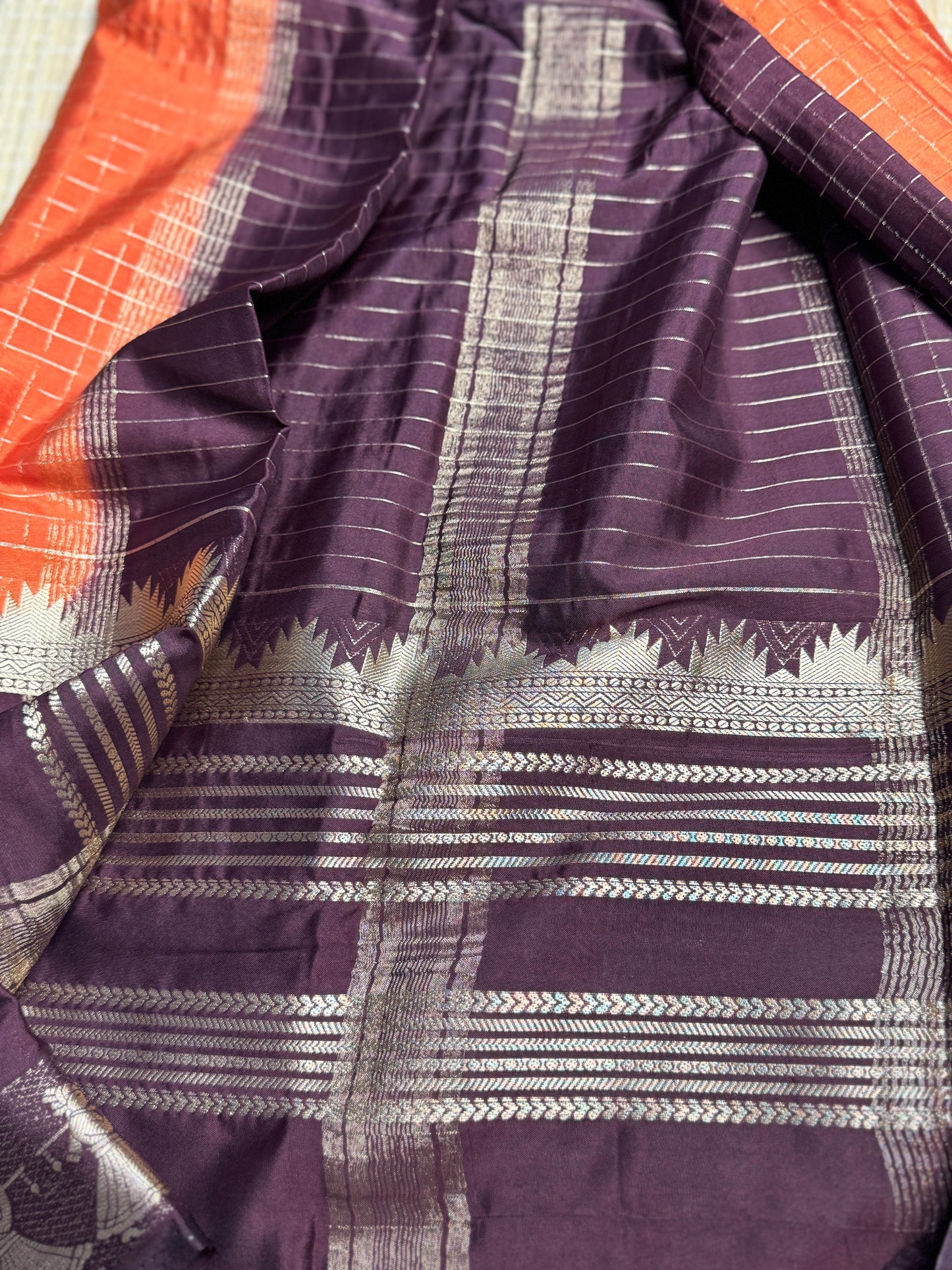 Rust Orange and Brown Semi Mysore silk Crepe saree with checks and Big Border