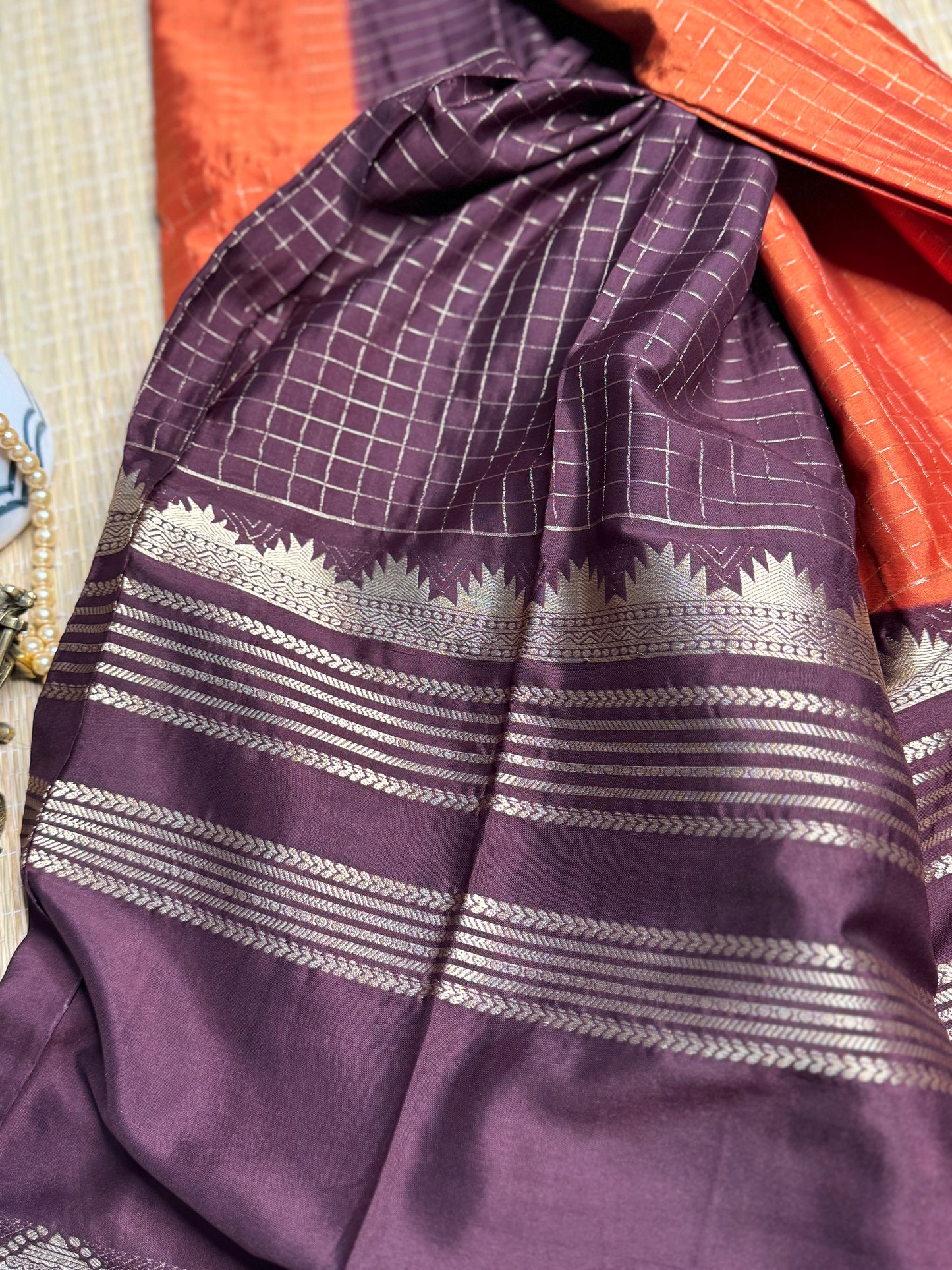 Rust Orange and Brown Semi Mysore silk Crepe saree with checks and Big Border