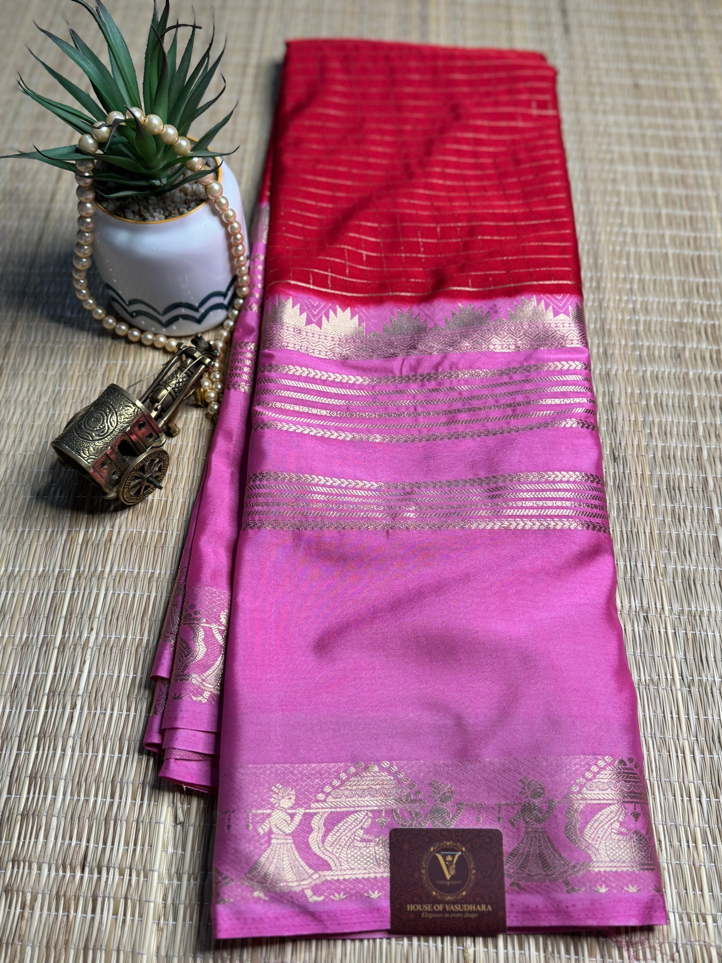 Red and Pink Semi Mysore silk Crepe saree with checks and Big Border