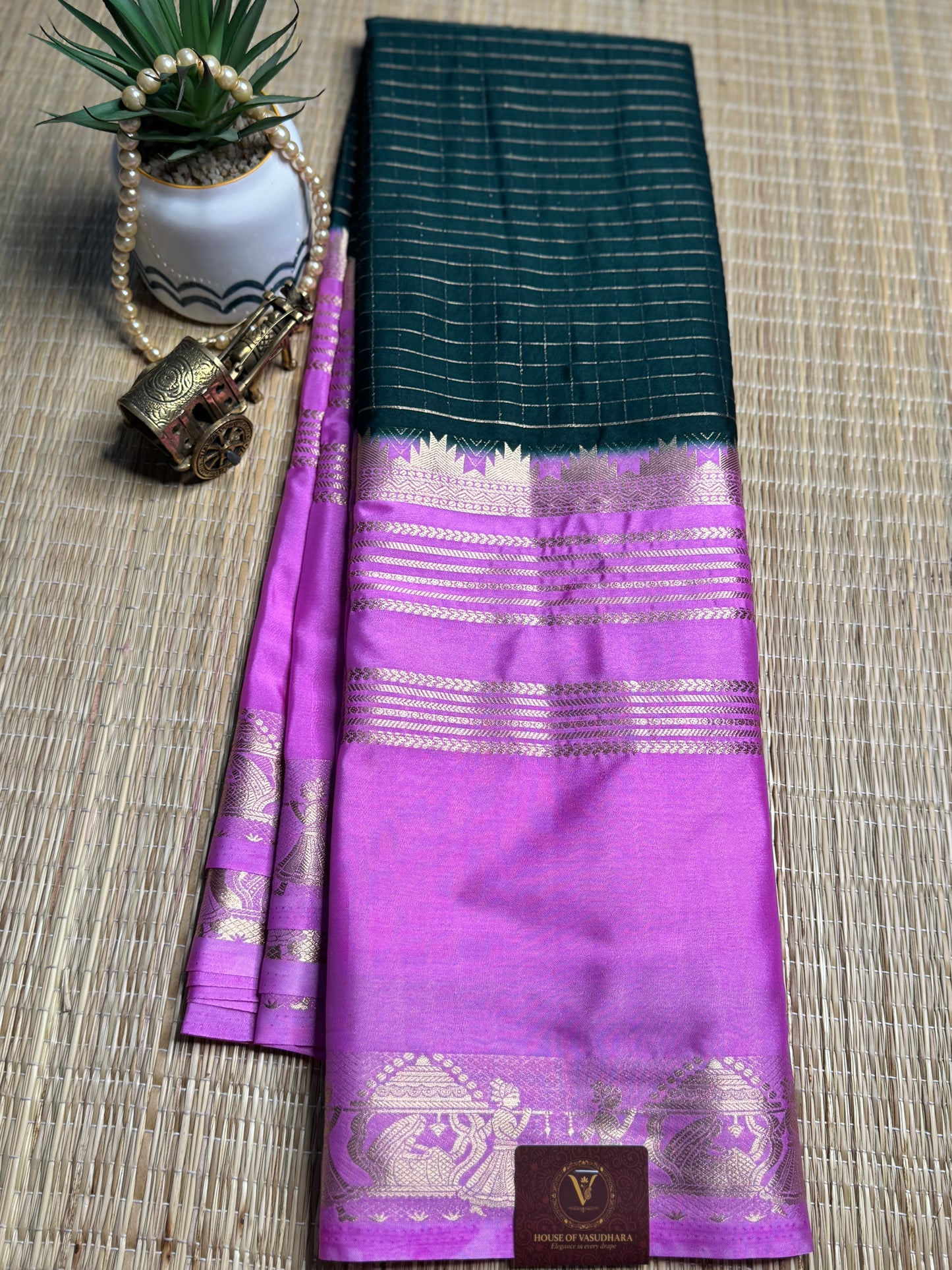 Green and Pink Semi Mysore silk Crepe saree with checks and Big Border