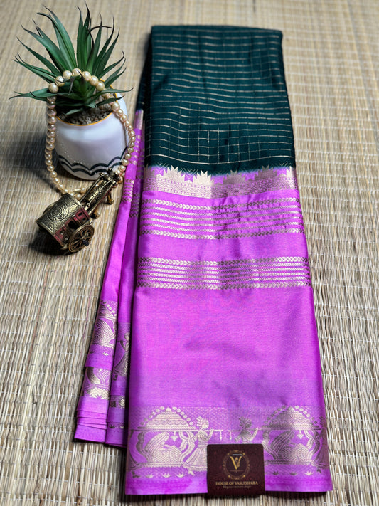 Green and Pink Semi Mysore silk Crepe saree with checks and Big Border