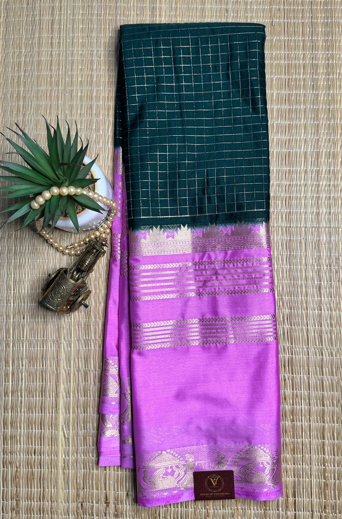 Green and Pink Semi Mysore silk Crepe saree with checks and Big Border