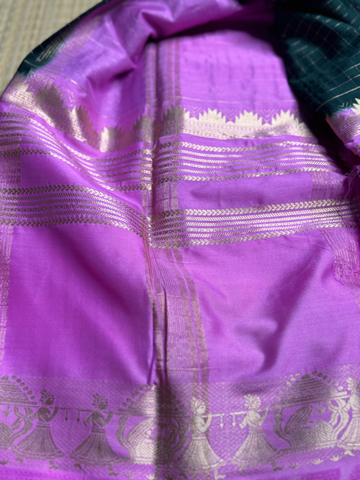 Green and Pink Semi Mysore silk Crepe saree with checks and Big Border