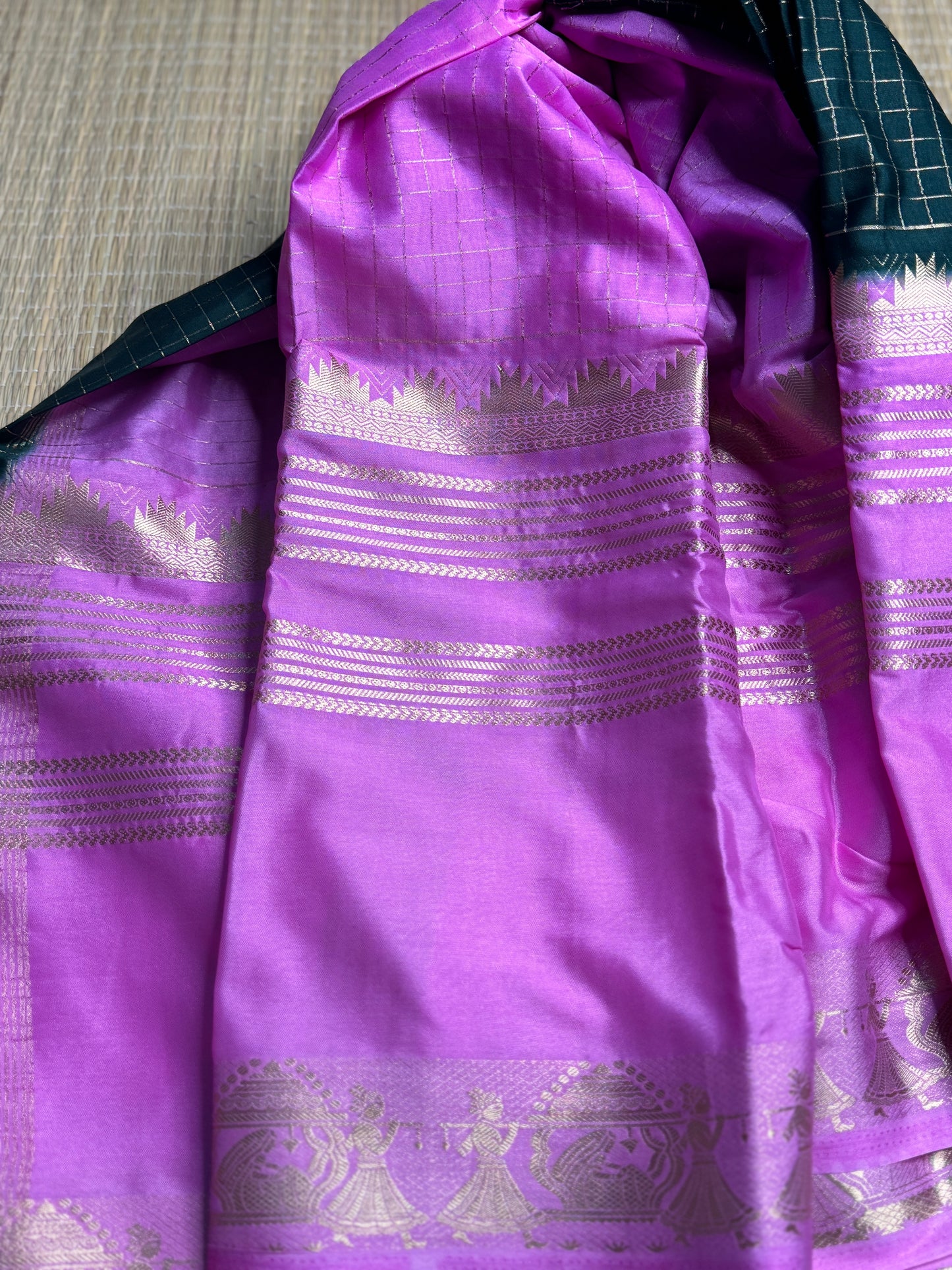 Green and Pink Semi Mysore silk Crepe saree with checks and Big Border