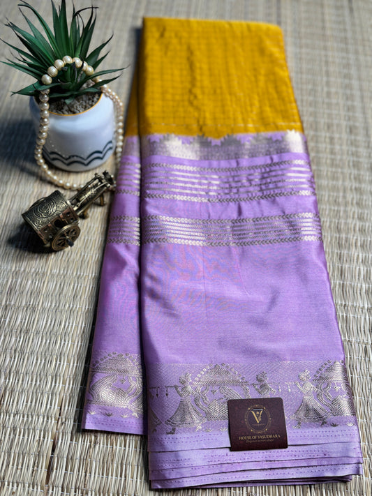 Yellow and Lilac Semi Mysore silk Crepe saree with checks and Big Border