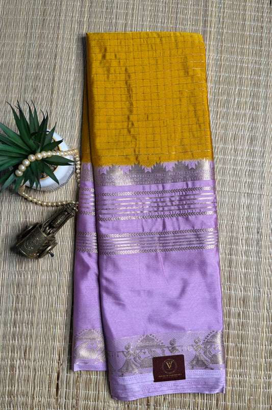 Yellow and Lilac Semi Mysore silk Crepe saree with checks and Big Border