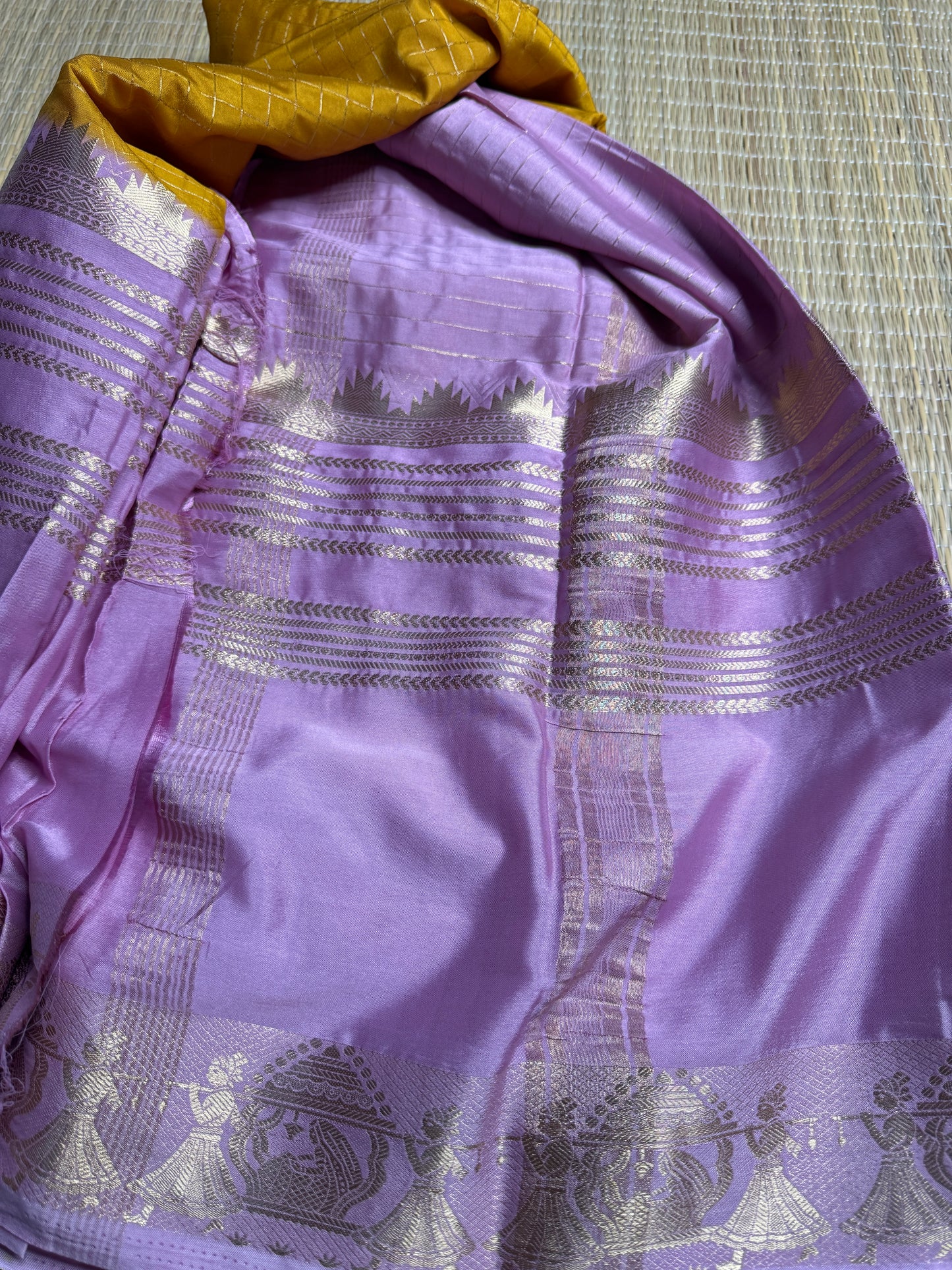 Yellow and Lilac Semi Mysore silk Crepe saree with checks and Big Border