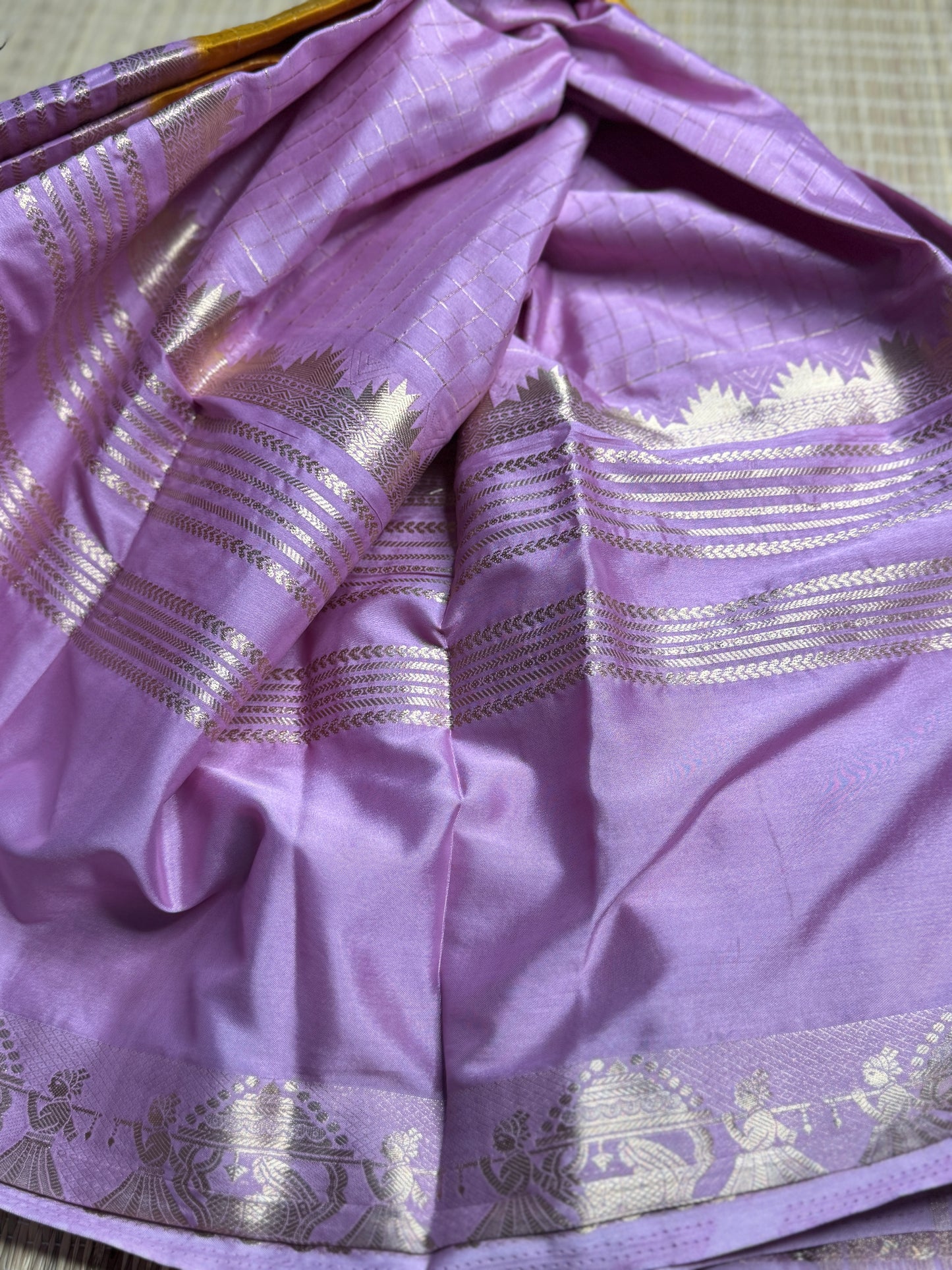 Yellow and Lilac Semi Mysore silk Crepe saree with checks and Big Border